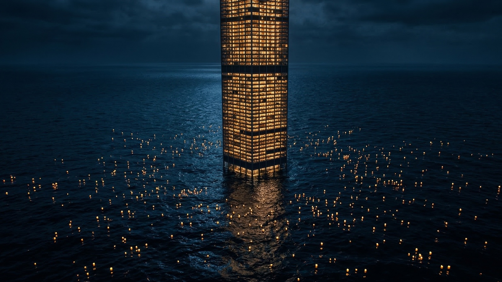 A lone skyscraper towers over hundreds of tiny lights floating in a dark ocean at night.