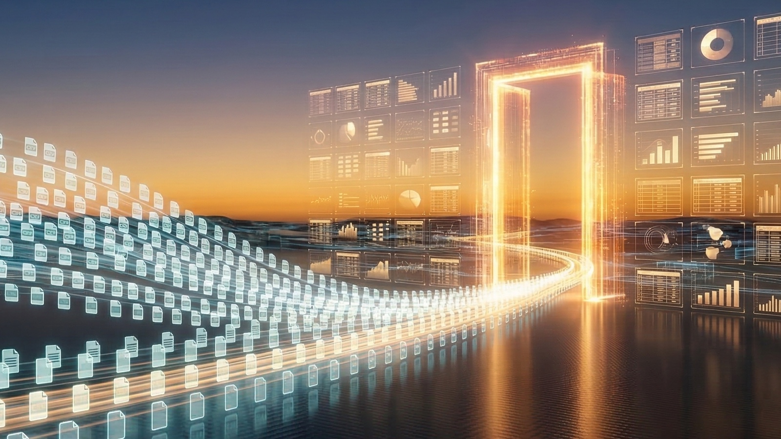 CSV file icons streaming through an open golden gateway into Looker Studio dashboards at dusk.