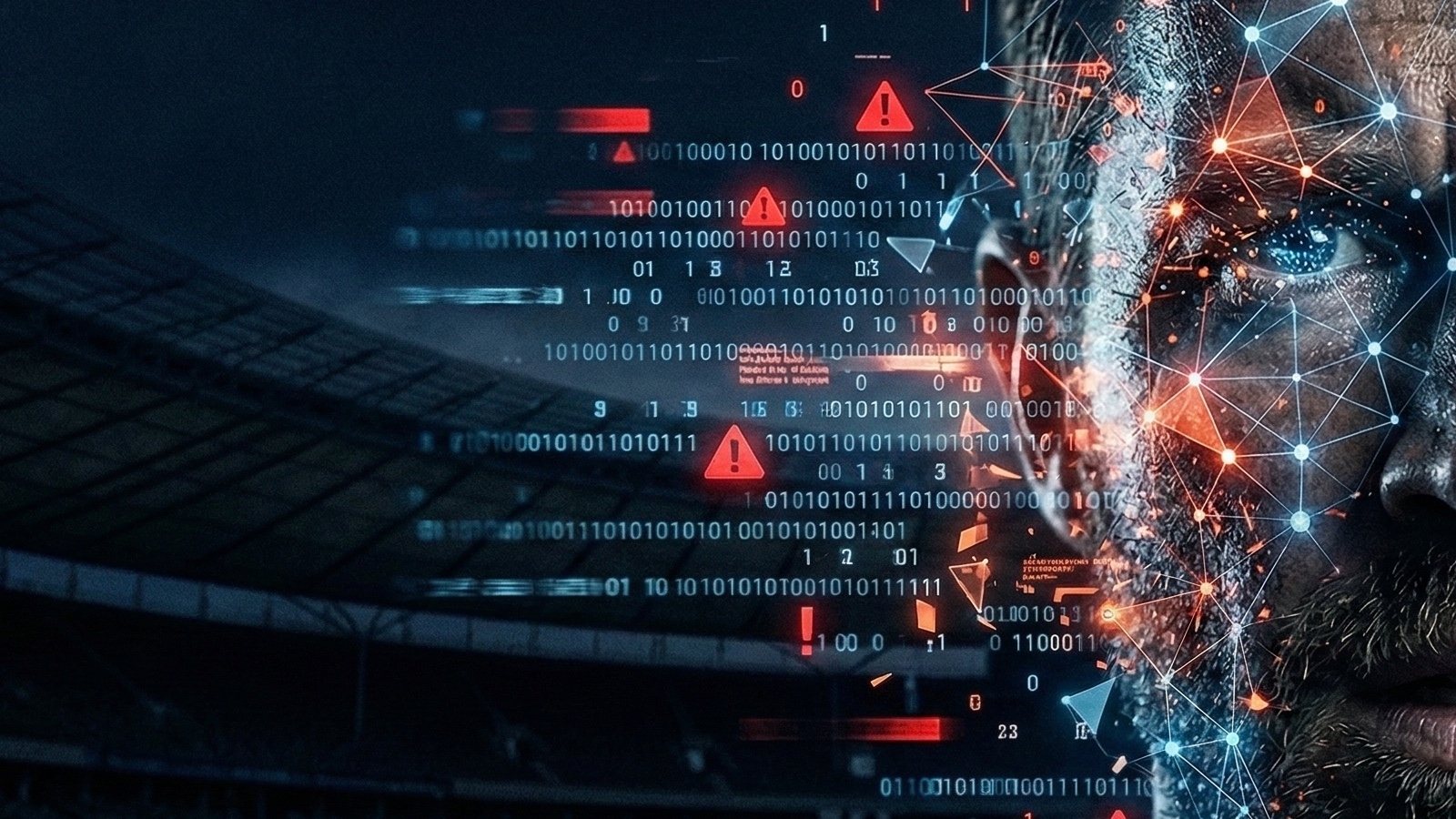 Fragmented face dissolving into biometric data streams with red alerts over a dark stadium backdrop.