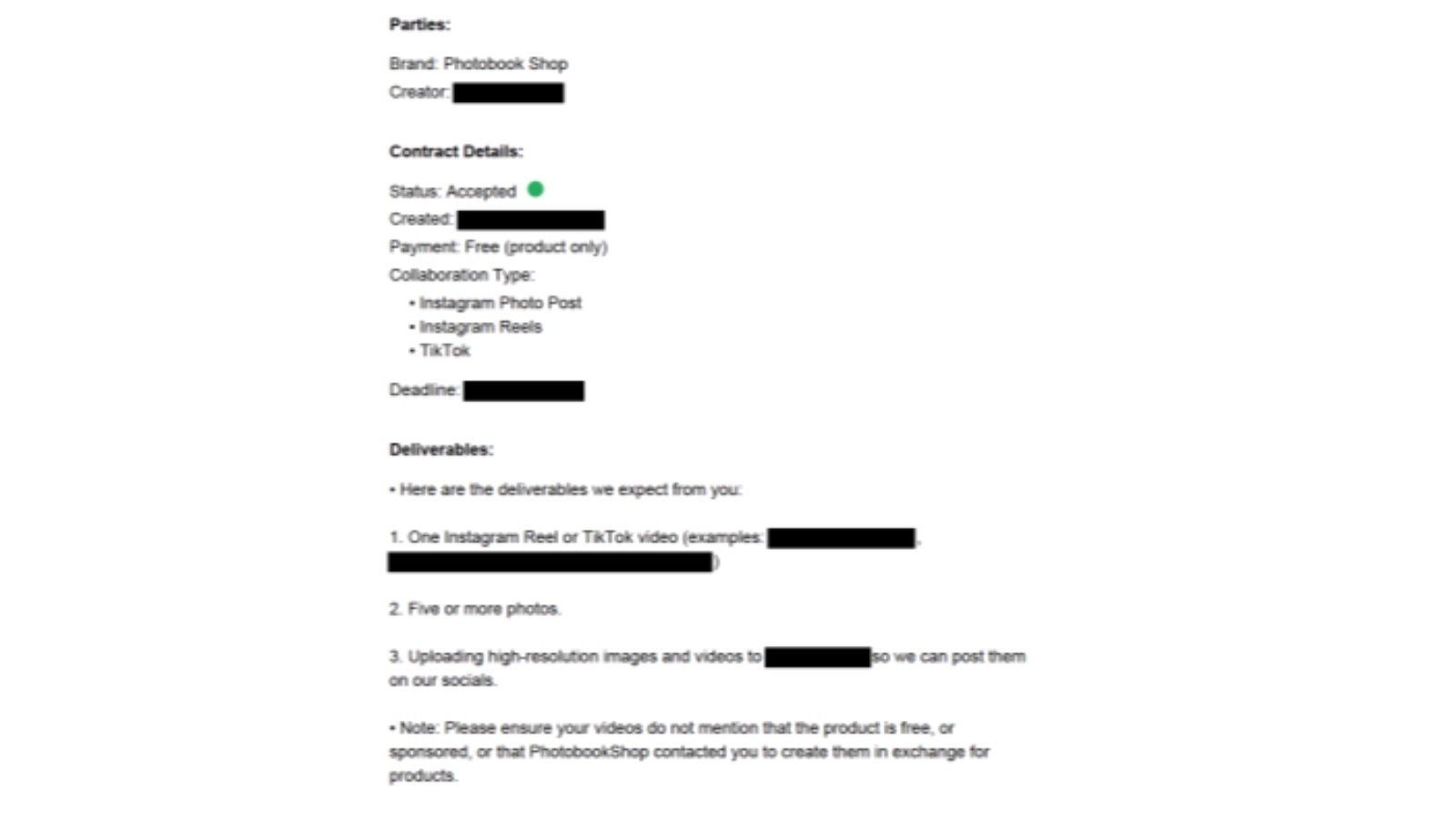 PhotobookShop influencer contract instructing creators not to disclose free products.