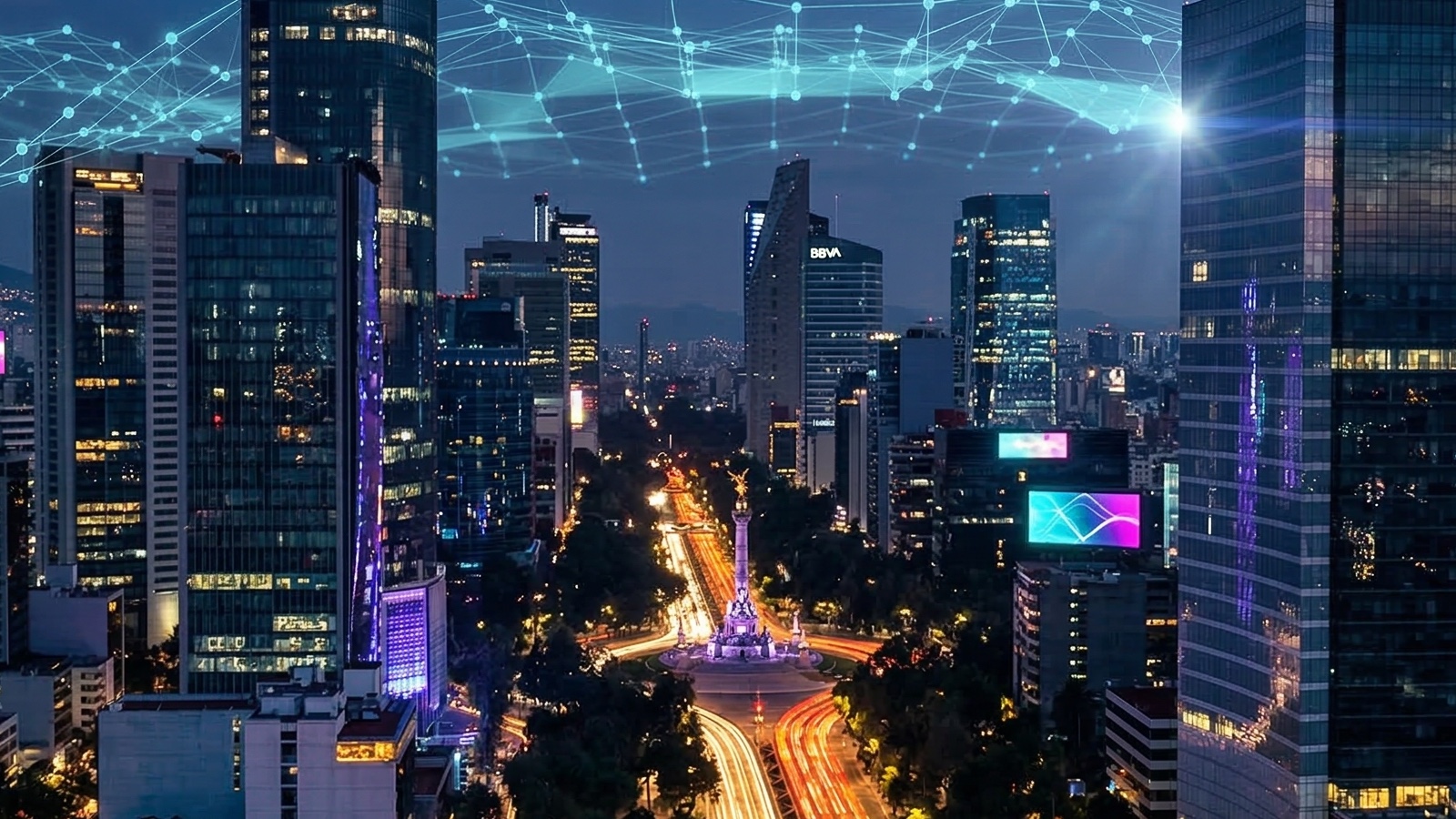 Mexico City skyline at night with AI data network overlay above Paseo de la Reforma.