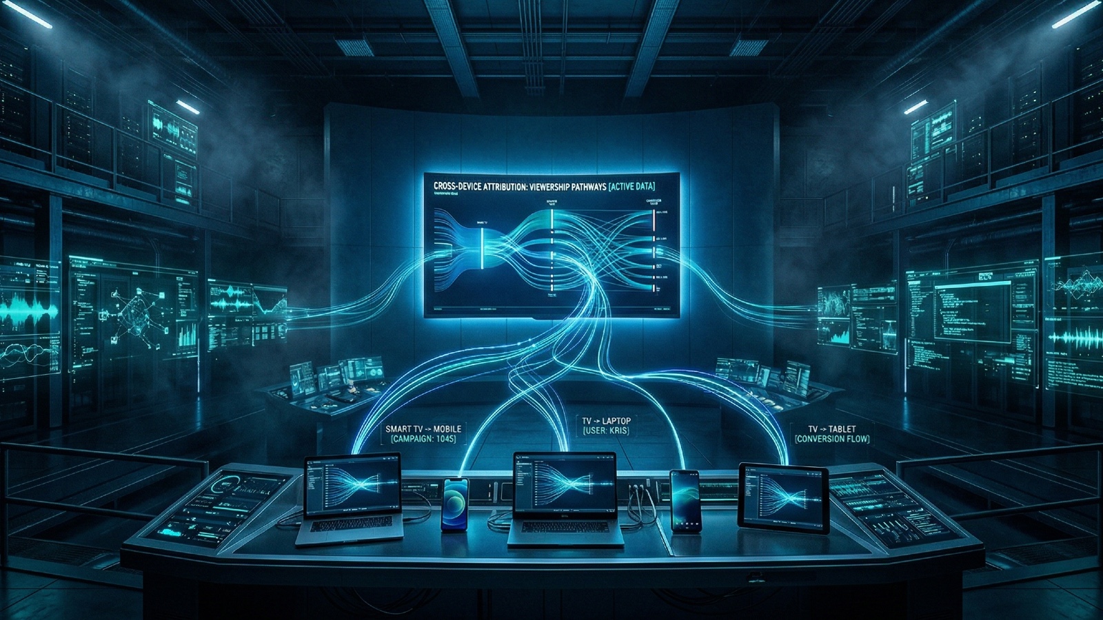 Glowing data streams connect a smart TV to multiple devices in a dark control room.