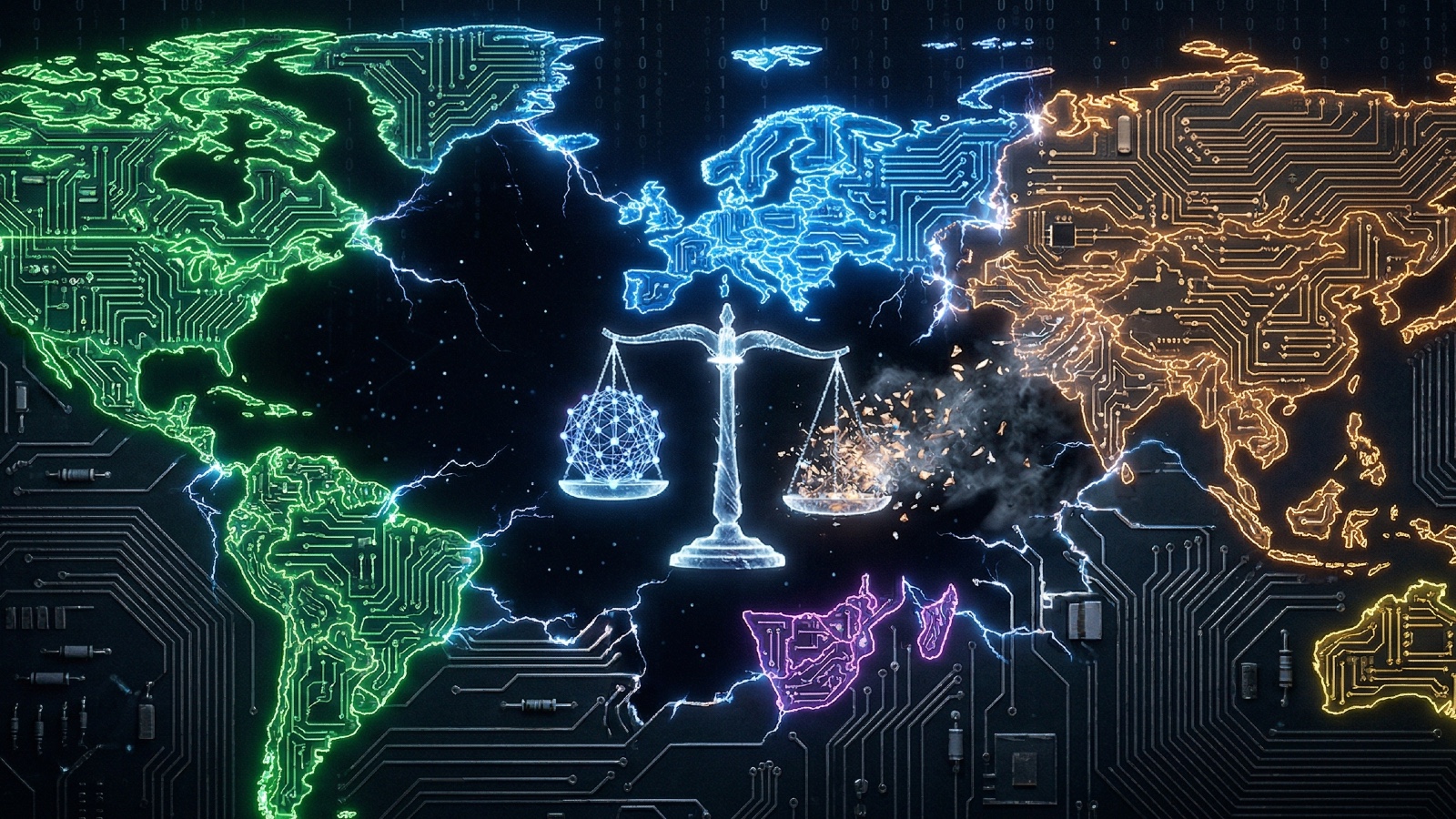 World map circuit board with legal scales weighing AI neural network against fragmented data.