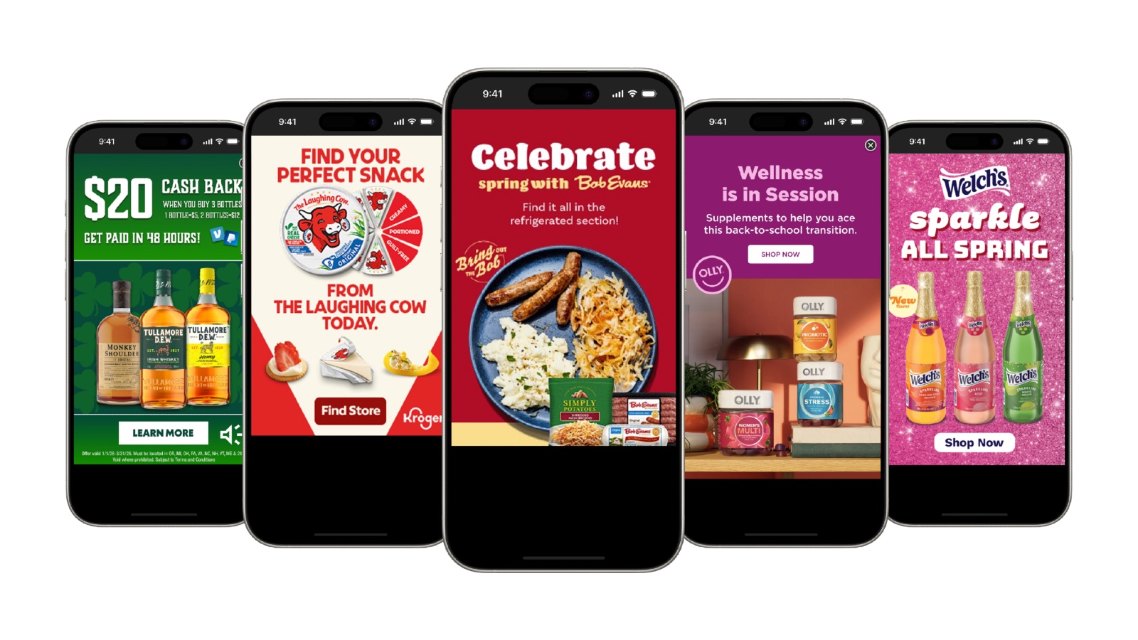 Five mobile ad creatives from InMarket's 2026 Breakthrough Outcomes campaigns on smartphones.
