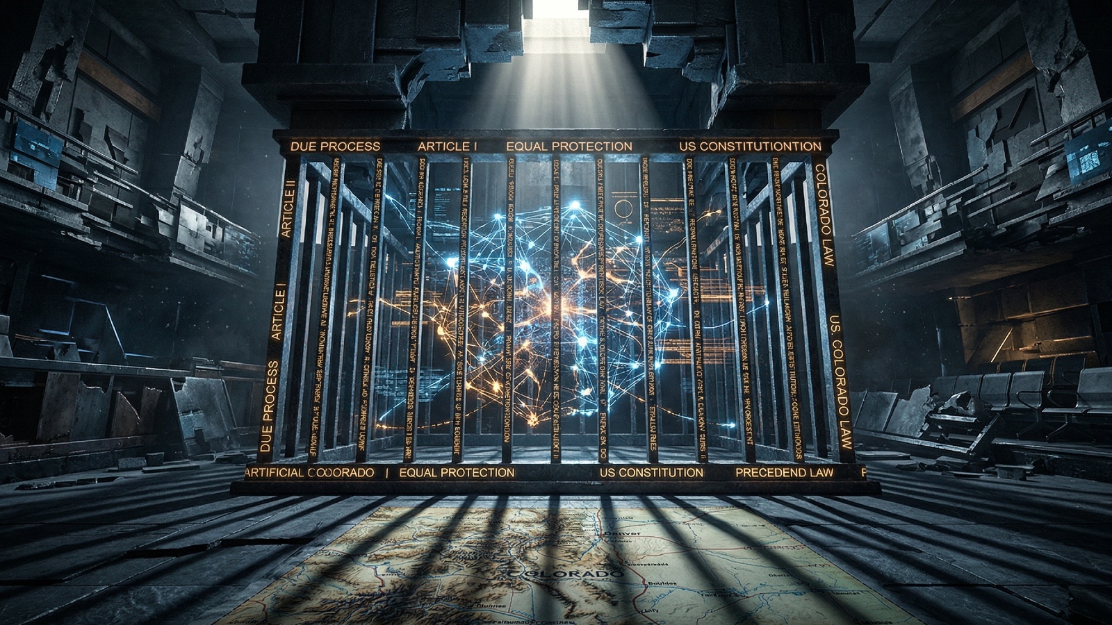 Neural network trapped behind legal bars, Colorado map below, constitutional text visible.