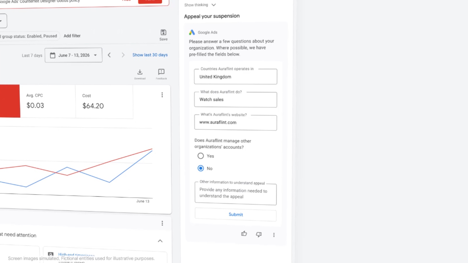 Ads Advisor appeal form for Google Ads counterfeit policy suspension with pre-filled fields