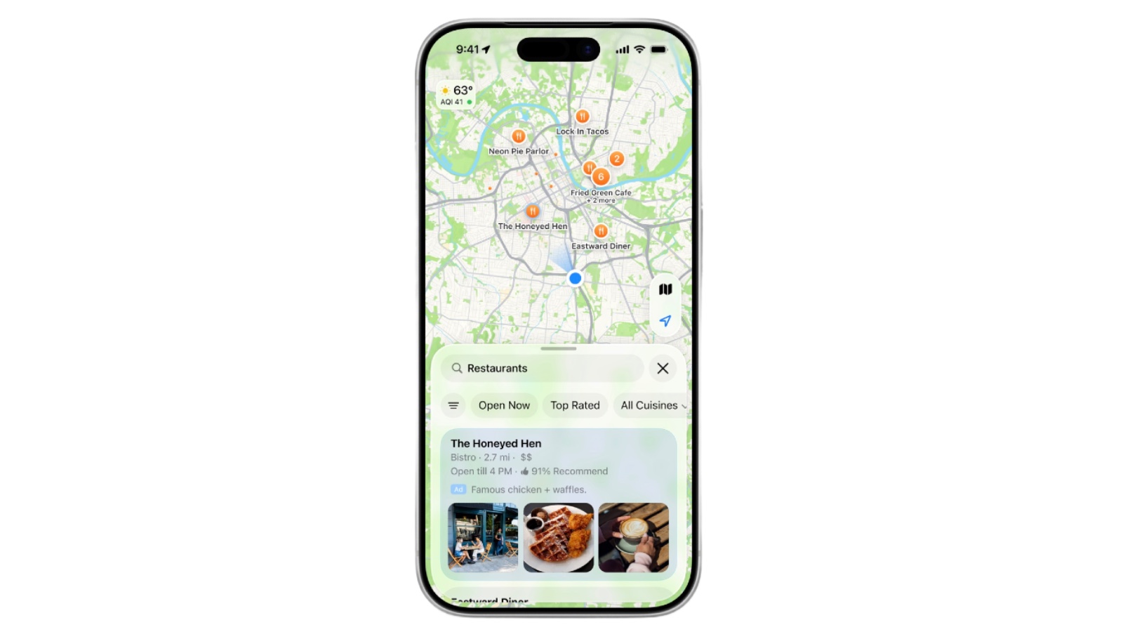 Apple Maps search results showing a sponsored restaurant ad placement on iPhone.