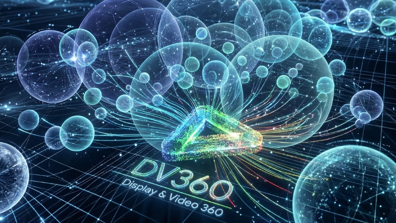 DV360 audience reach overlap visualization with glowing data spheres on dark blue background.