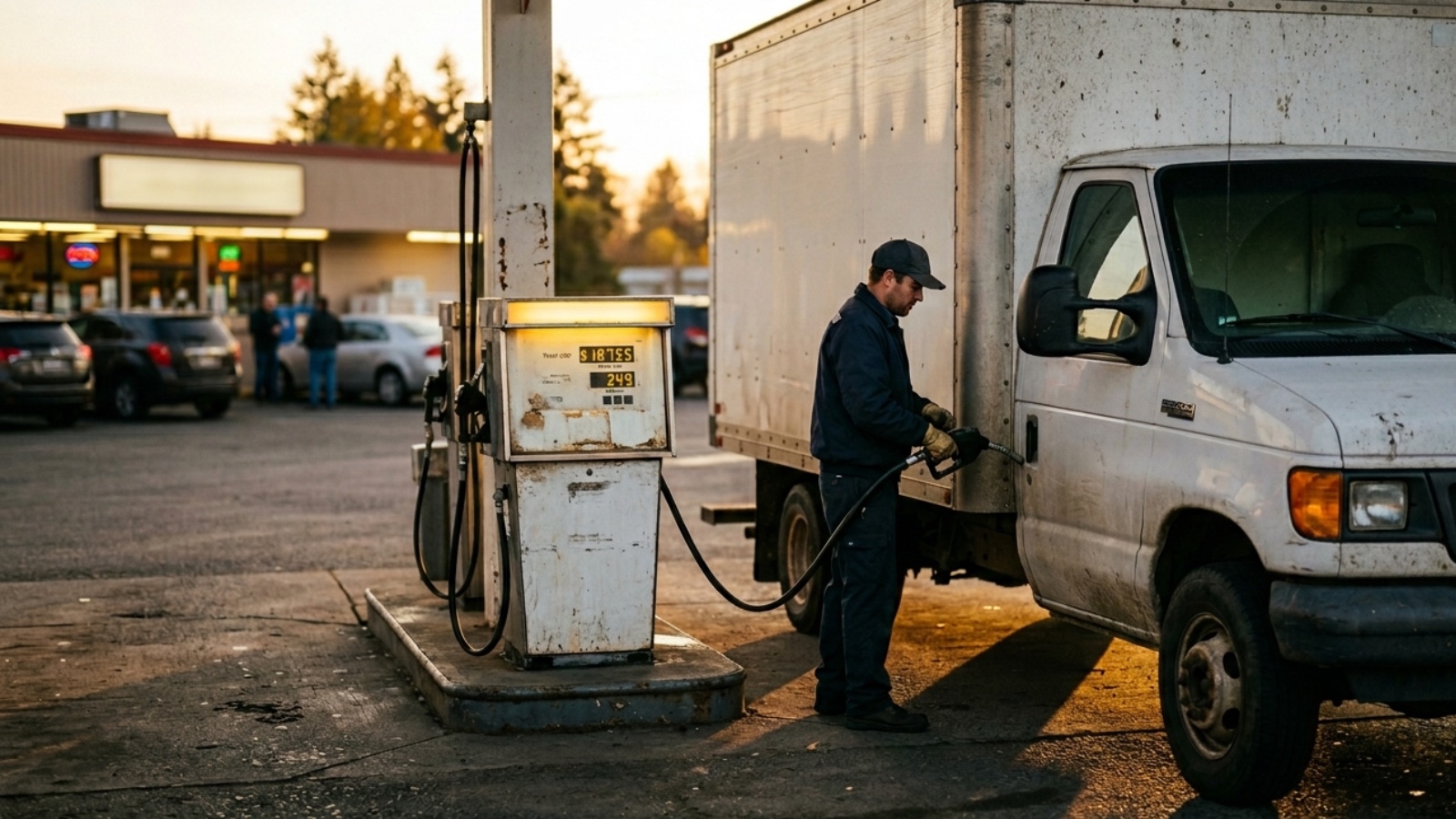 Delivery truck driver fueling a cargo van at a gas station at dusk, high fuel costs.
