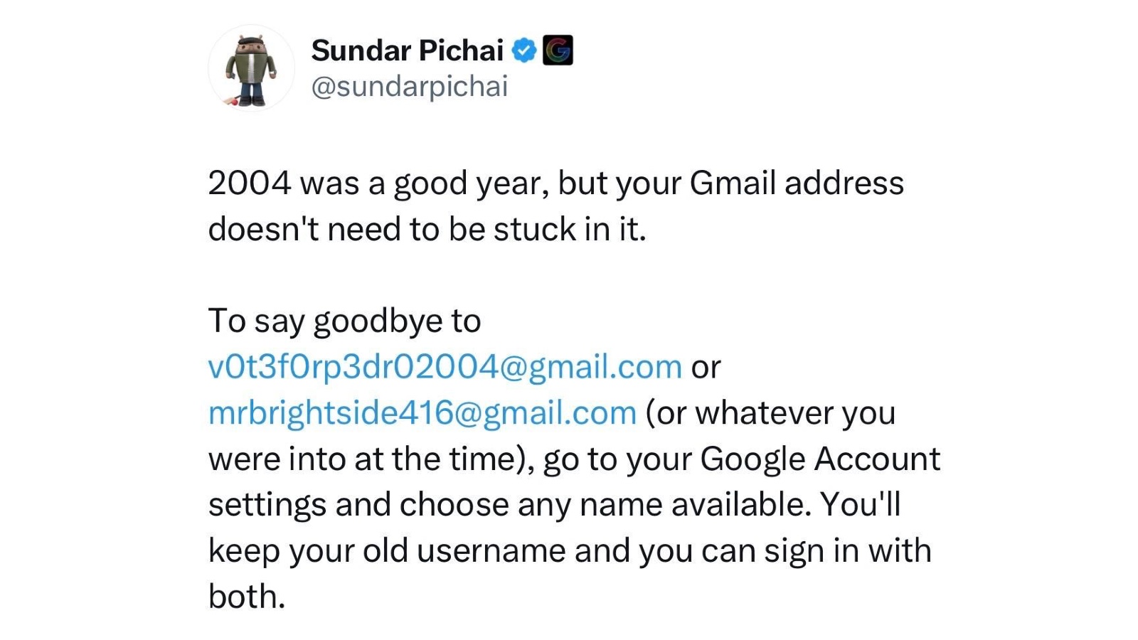 Sundar Pichai's post on X announcing Gmail username change feature for Google Account users.