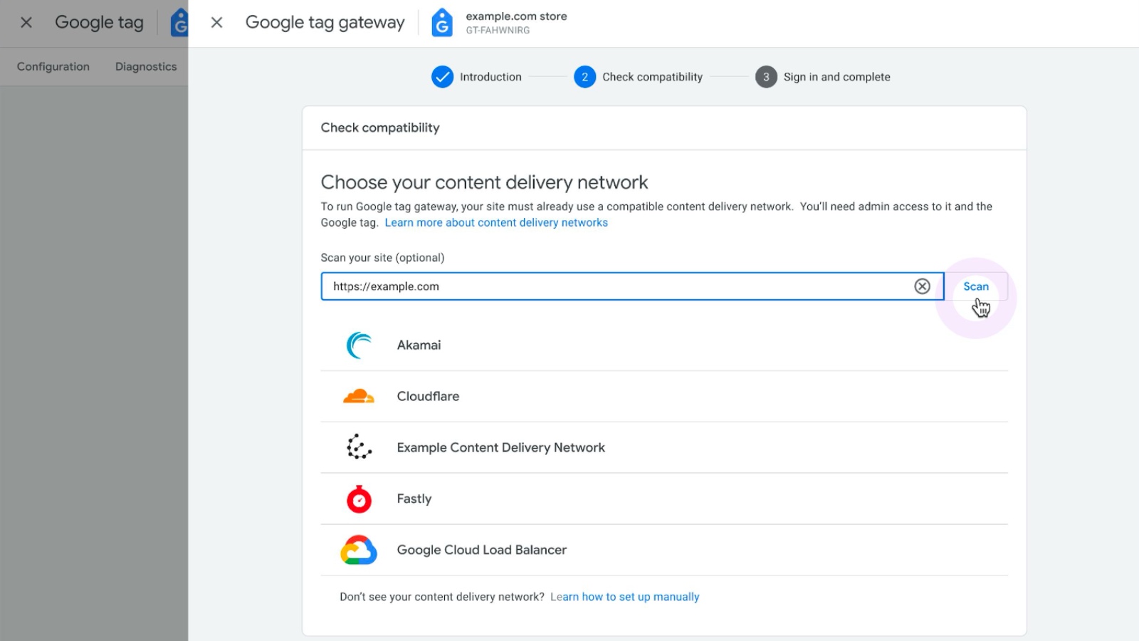 Google tag gateway CDN selection screen showing Akamai, Cloudflare, Fastly, and Google Cloud.