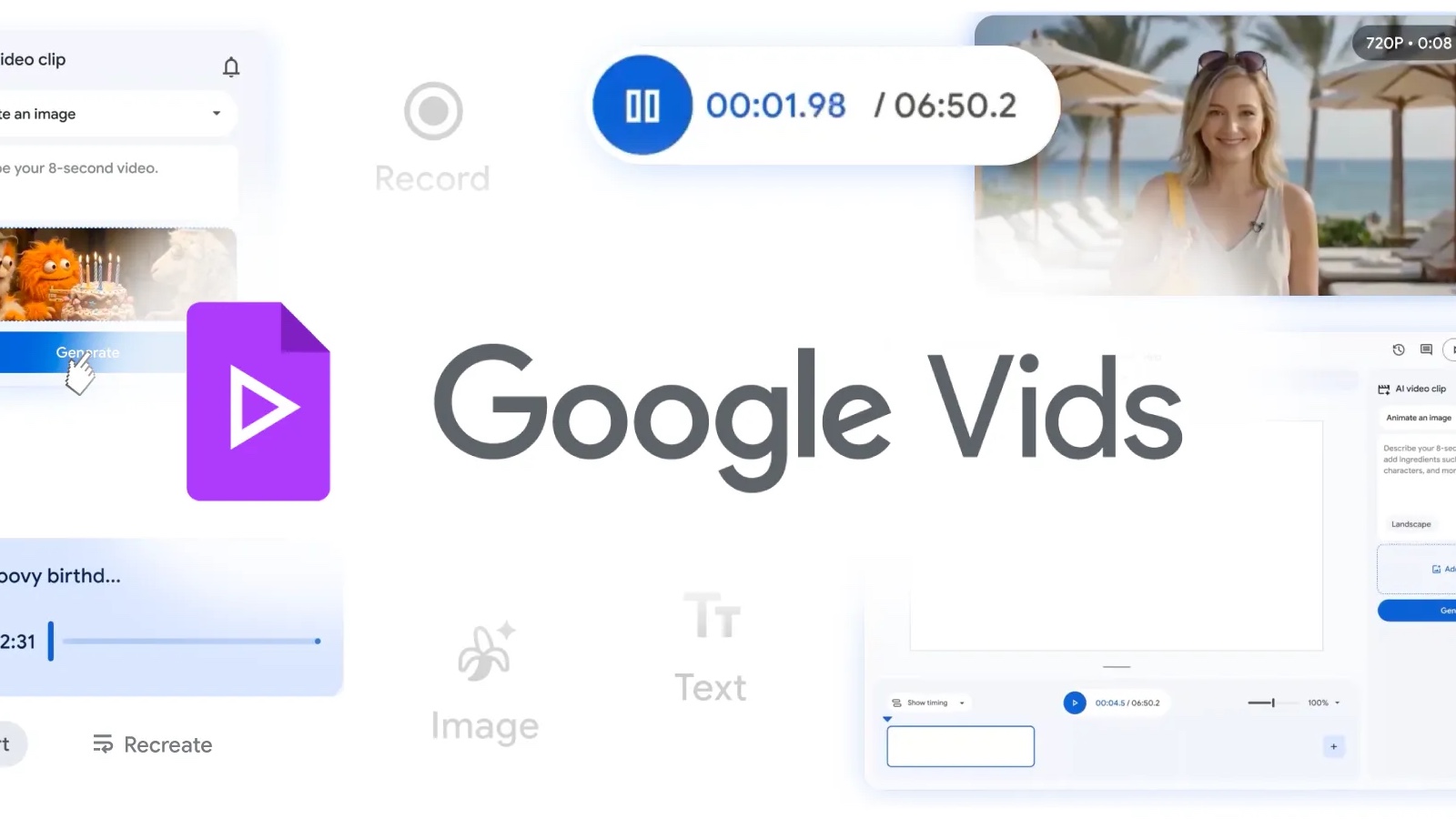 Google Vids interface showing AI video clip generation and music tools powered by Veo 3.1