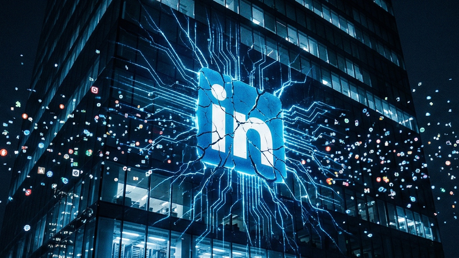 LinkedIn logo cracked on glass tower, data streams radiating outward, browser icons orbiting at night.