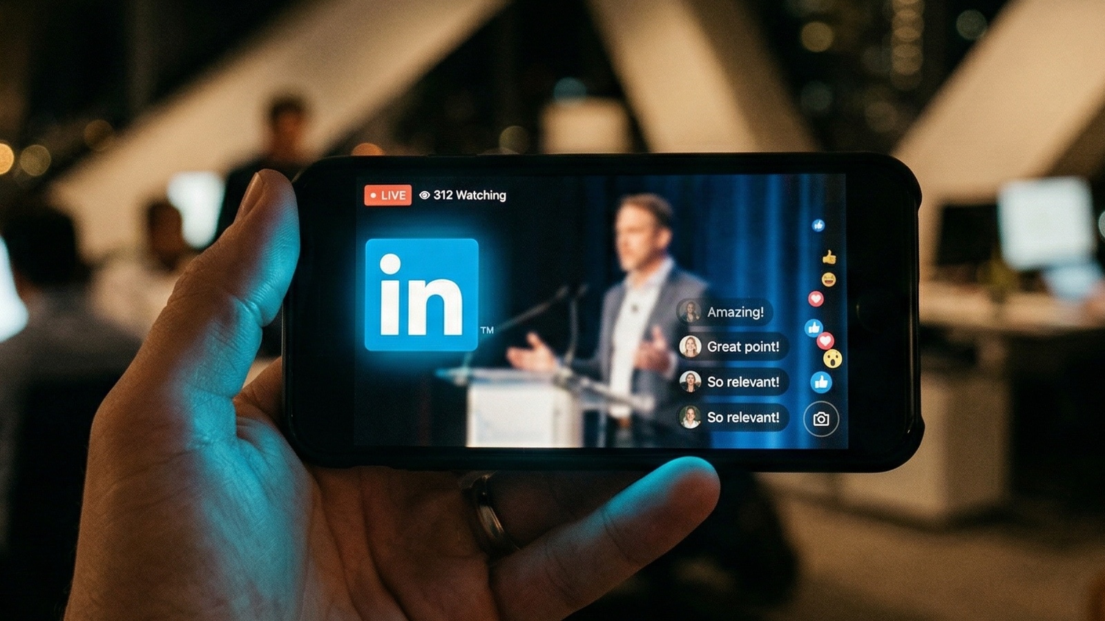 Hand holding smartphone showing LinkedIn Live stream at a professional event.