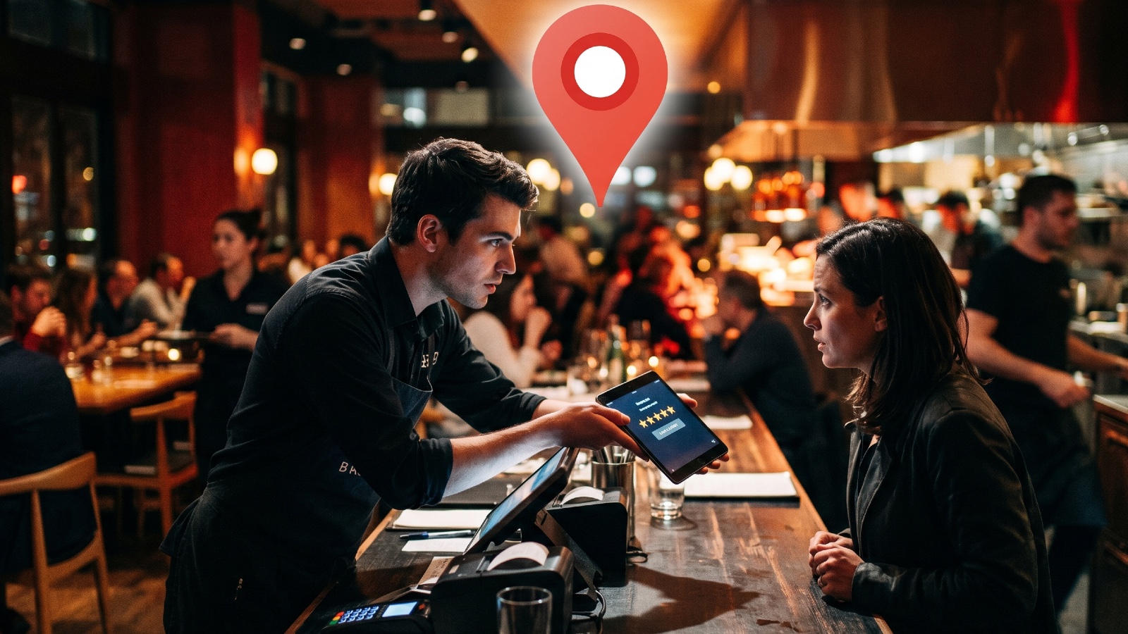 Google Maps pin looms over staff pushing tablet review request to reluctant customer