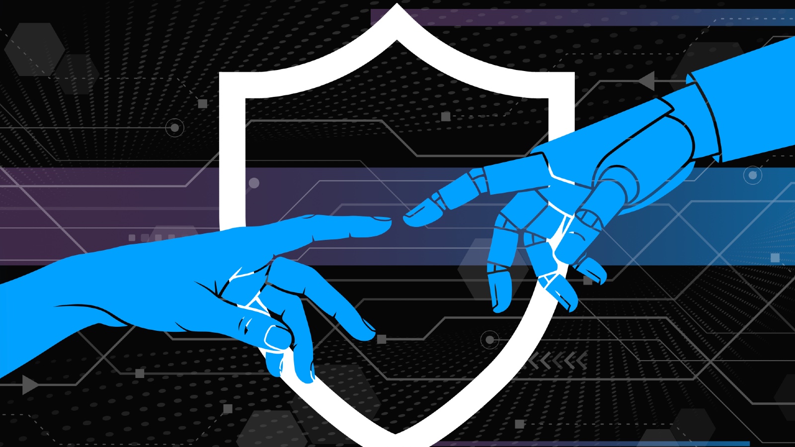 Human and robotic hands reaching toward a privacy shield on a dark digital circuit background.