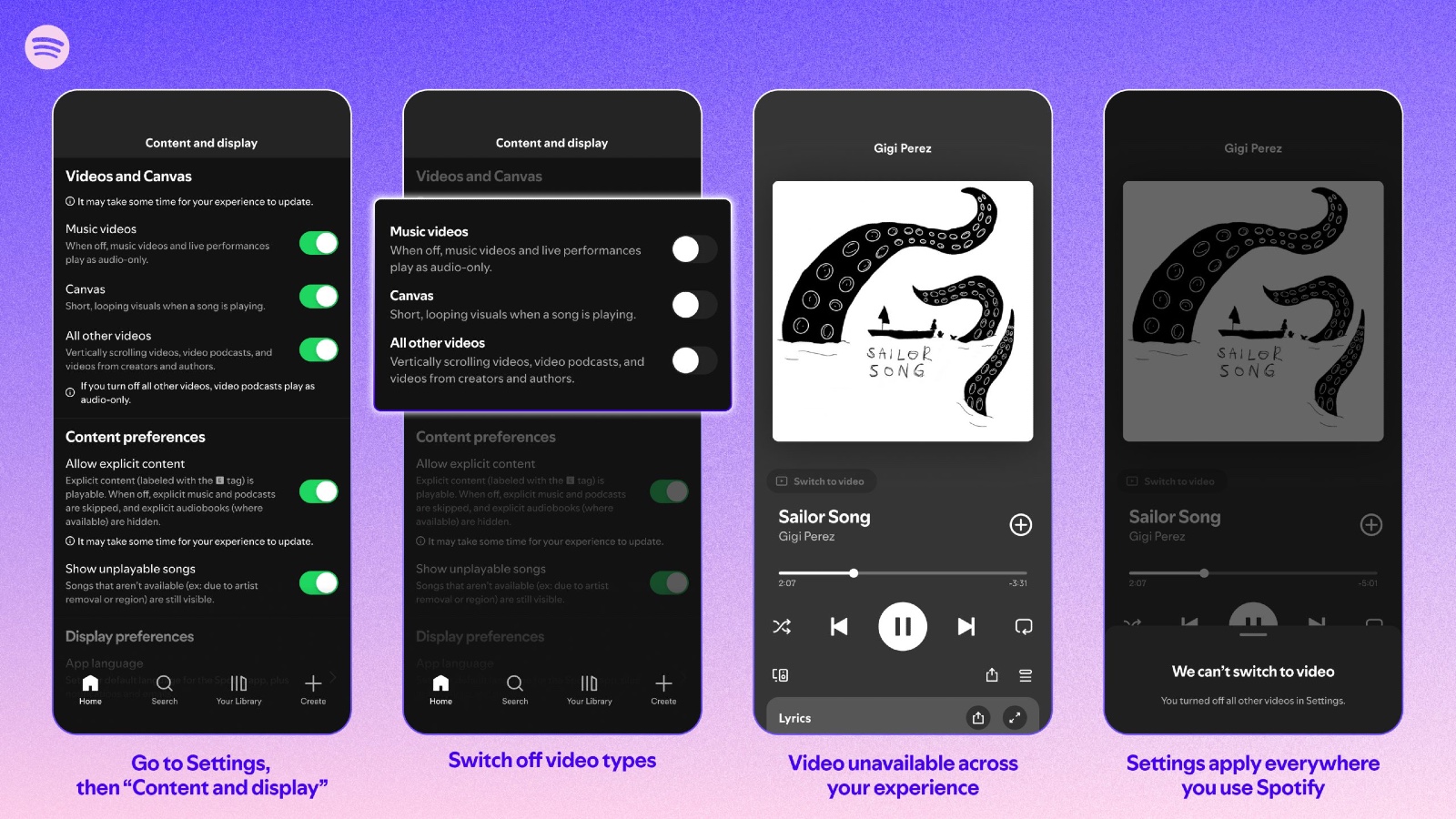 Spotify Settings showing Videos and Canvas toggles for Music videos, Canvas, and All other videos.