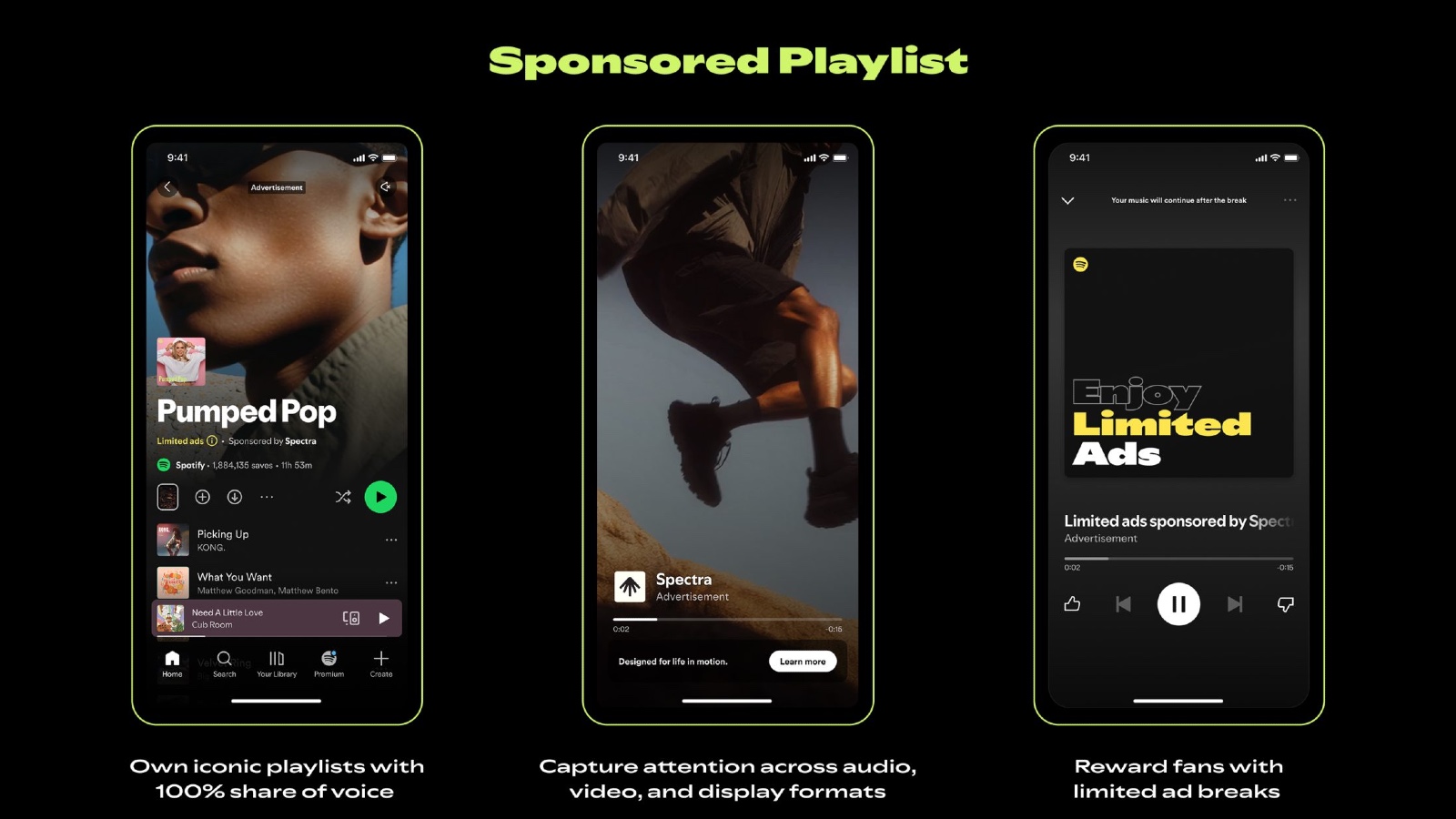Spotify Sponsored Playlist format with 100% share of voice and limited ads on mobile.