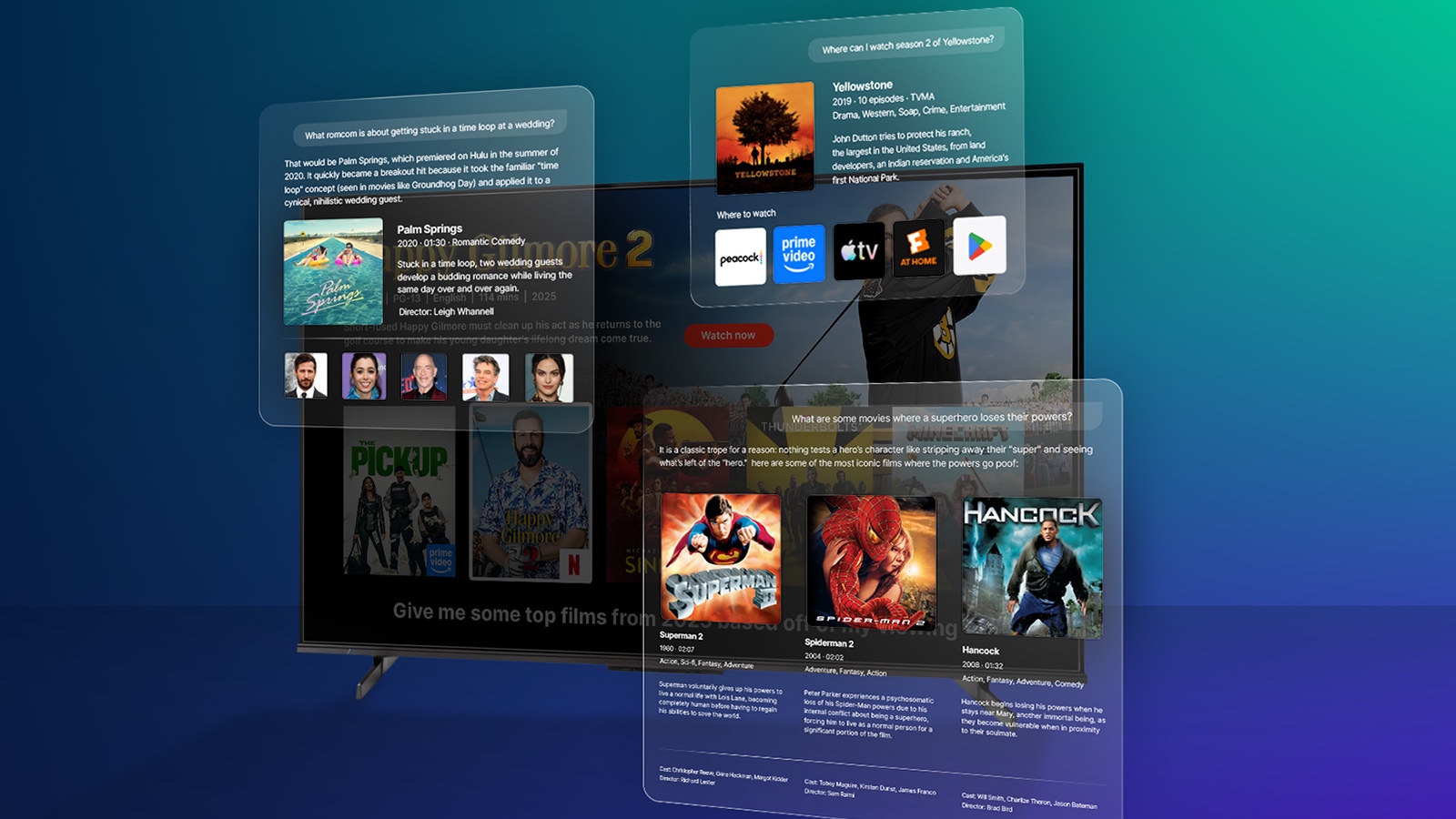 AI chatbots answering TV content queries on a connected television screen interface.