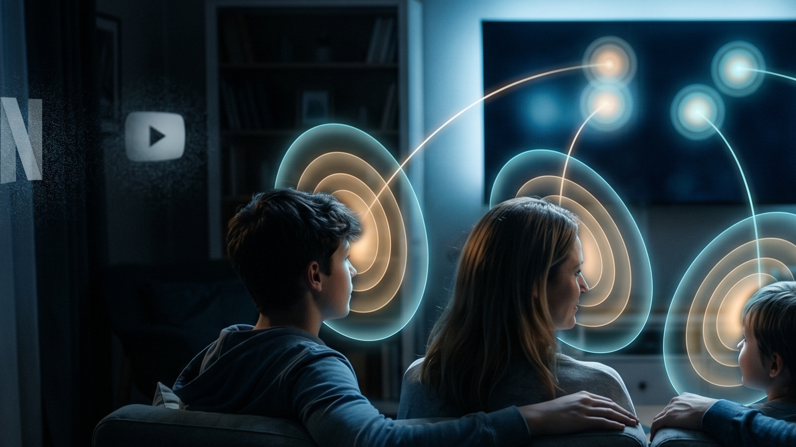 Family watching TV with attention tracking data visualized, Viant TVision acquisition