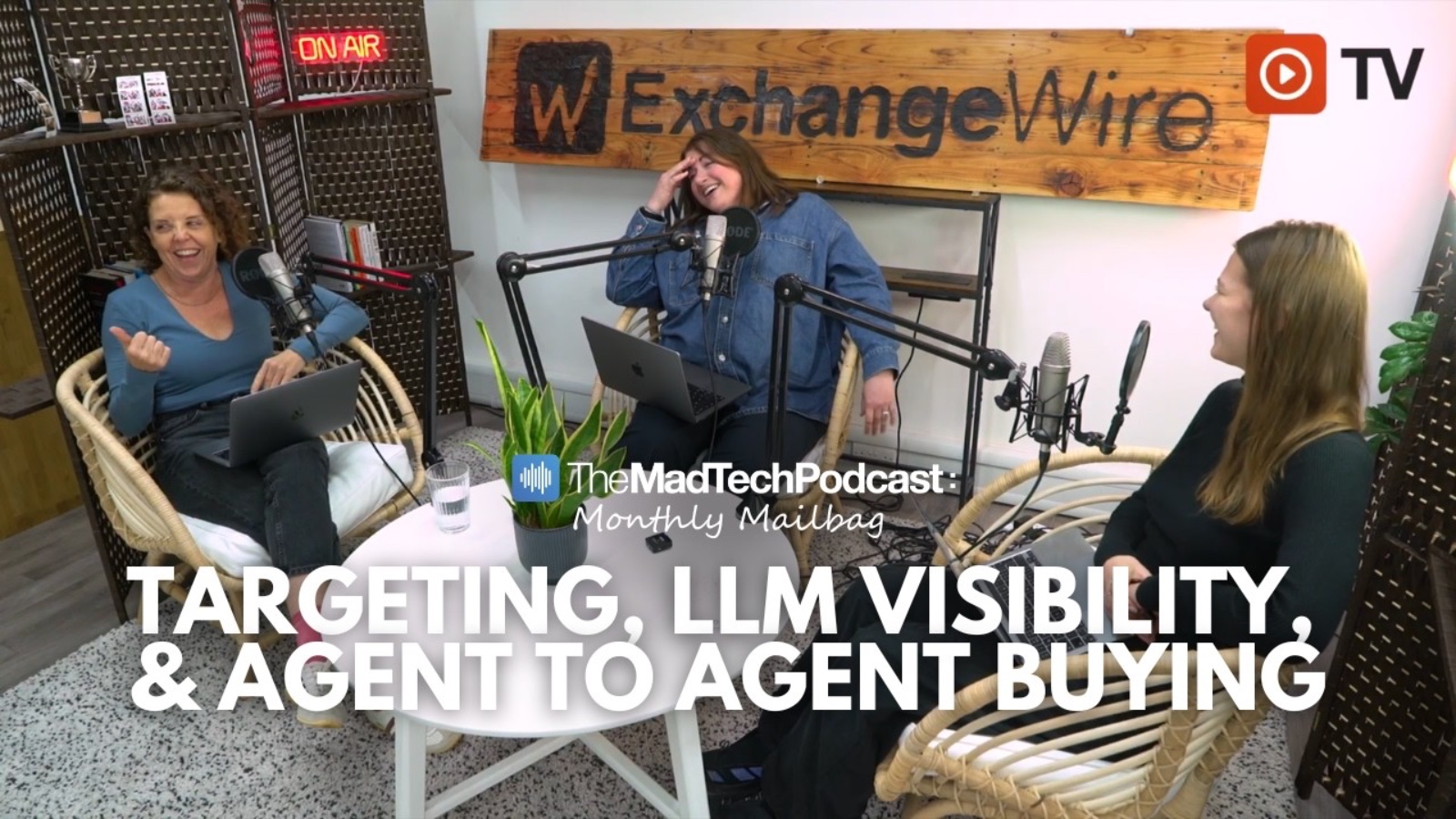 Three ad tech professionals recording the MadTech Podcast mailbag on LLM visibility and agentic buying.