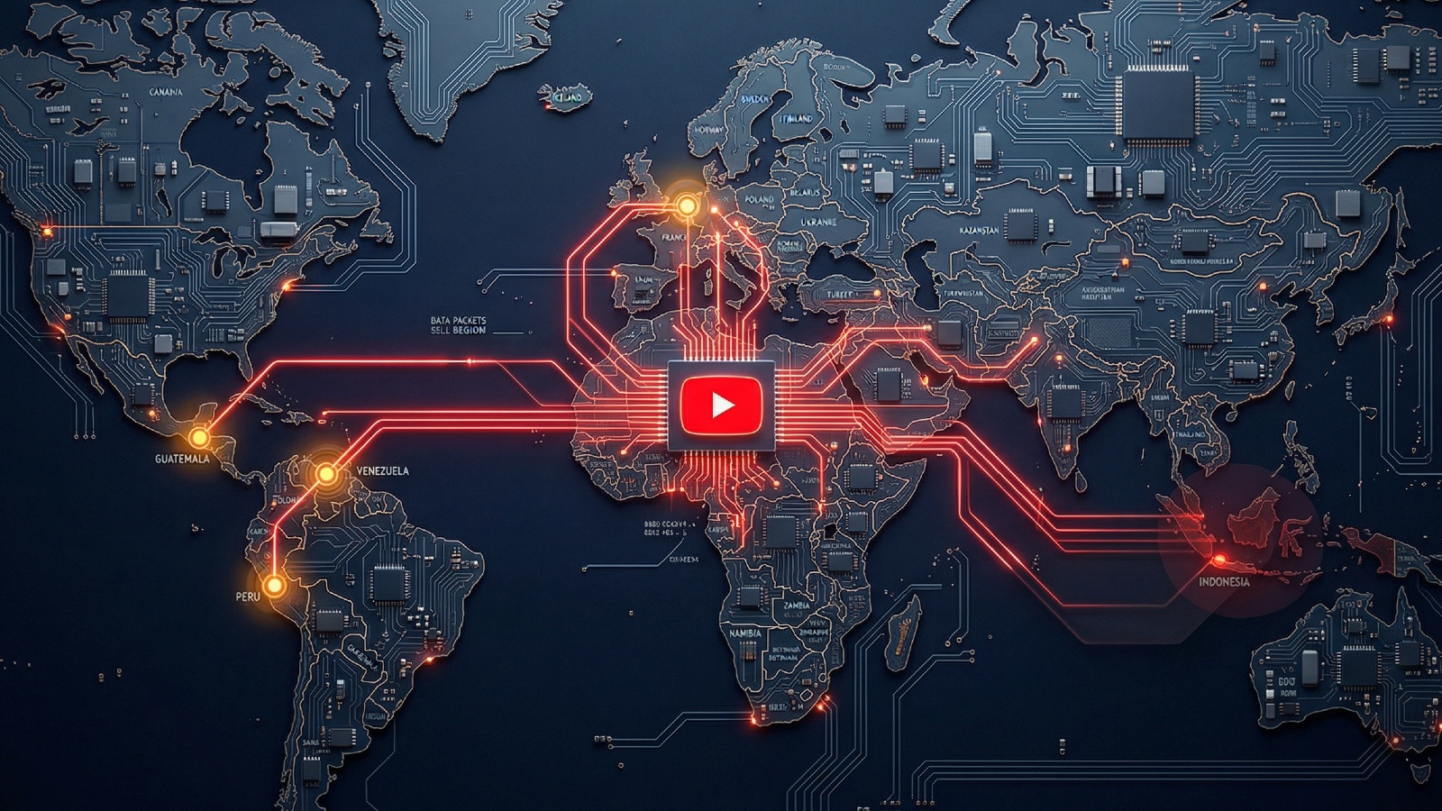 World map circuit board with YouTube logo connecting Belgium, Latin America, and Indonesia.