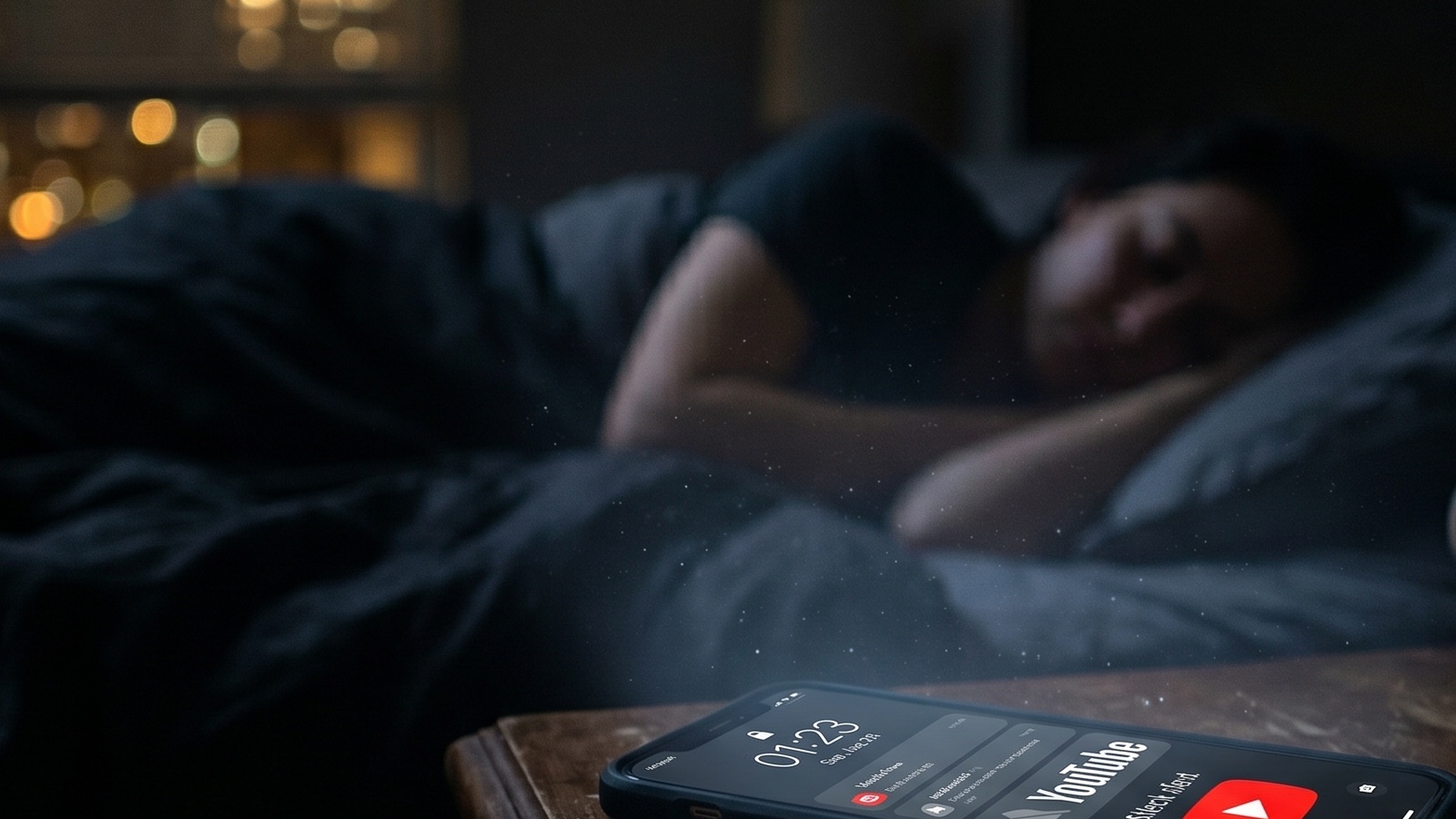Smartphone showing YouTube notification on bedside table while subscriber sleeps undisturbed.
