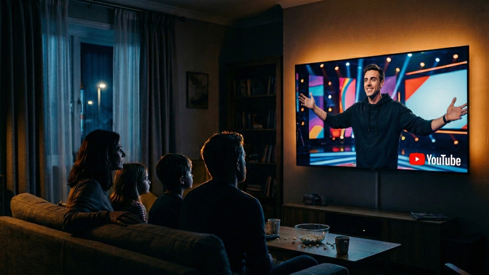 Family watching a YouTube creator show on their living room TV at night.