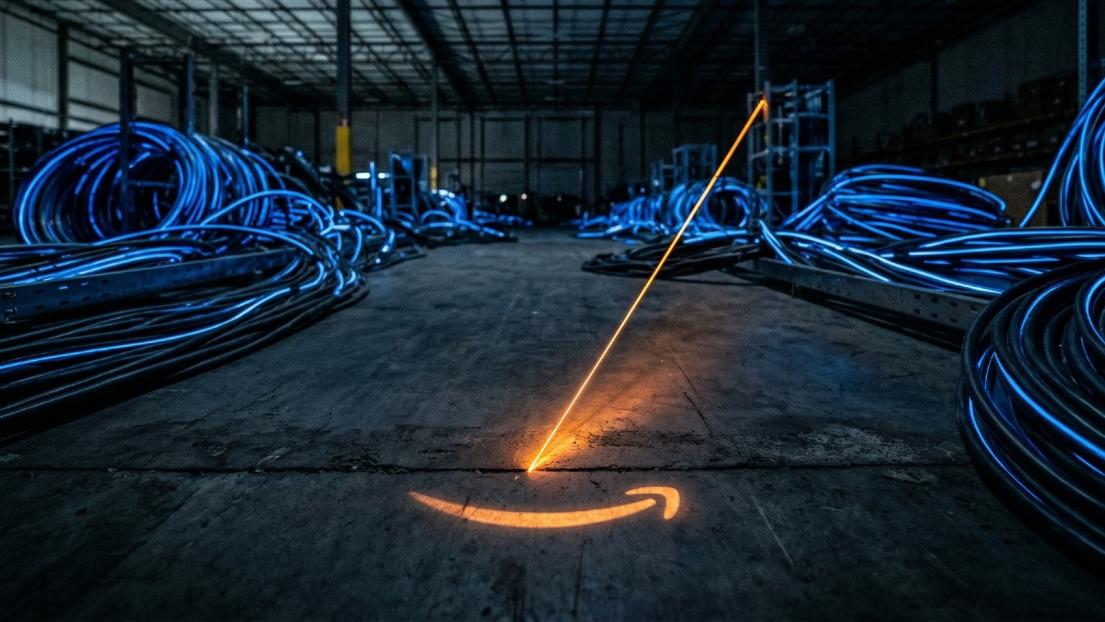 A single amber thread meets the Amazon smile on a dark warehouse floor, dwarfed by blue cables.