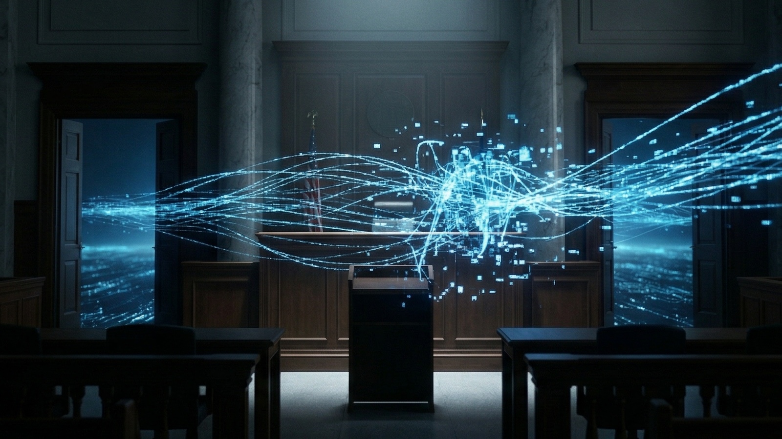Courtroom interior with glowing data streams converging at the judge's bench, digital privacy law.