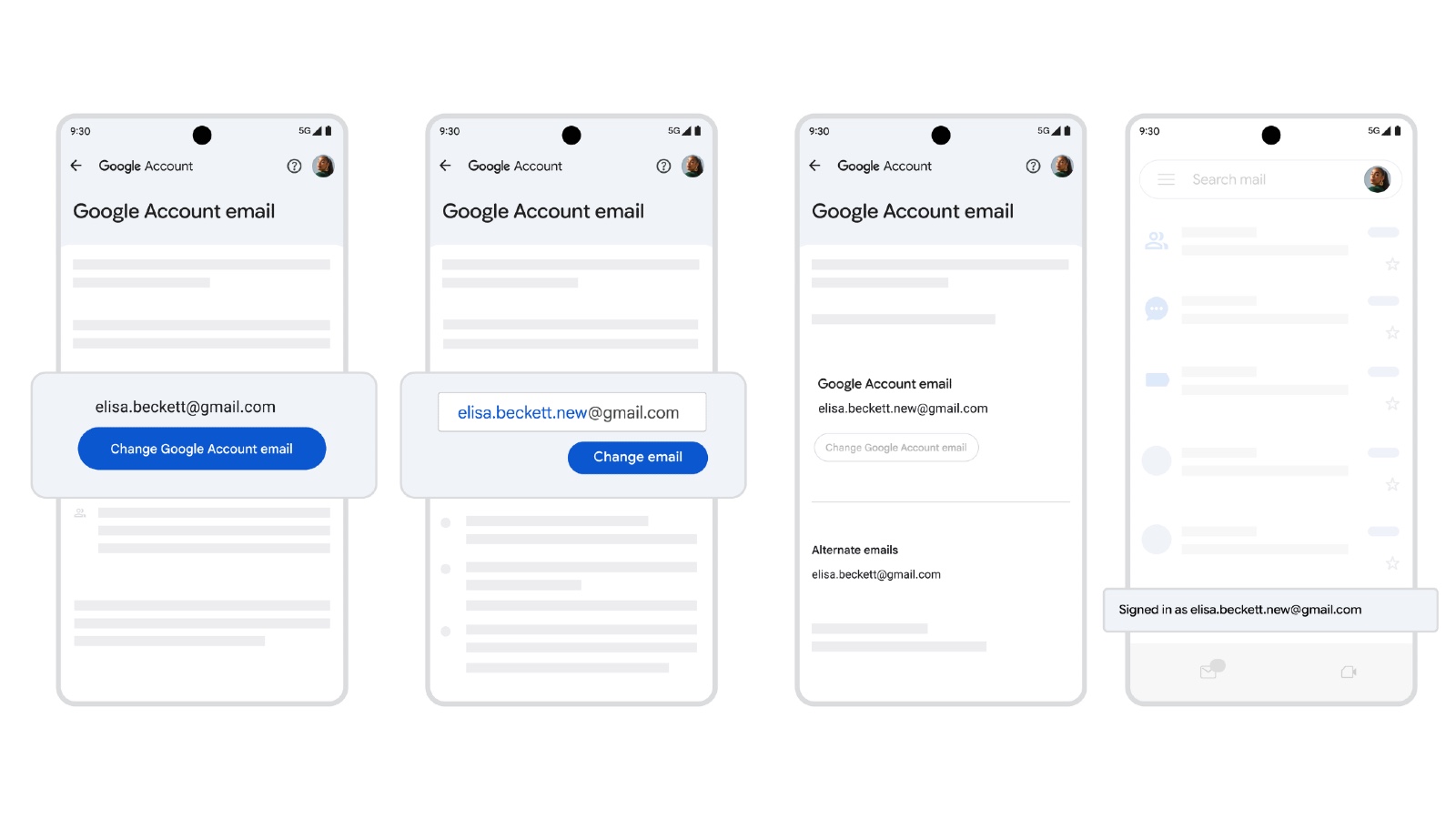 Google Account email change flow on Android showing username update steps and alias confirmation.