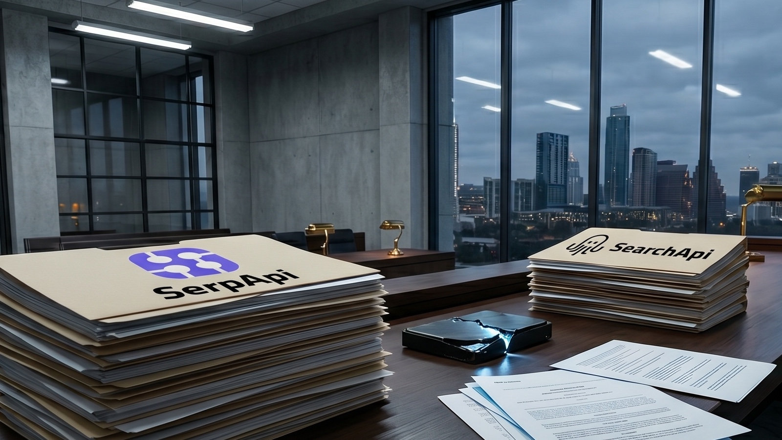 SerpApi and SearchApi legal folders on courthouse desk with cracked hard drive, Austin skyline