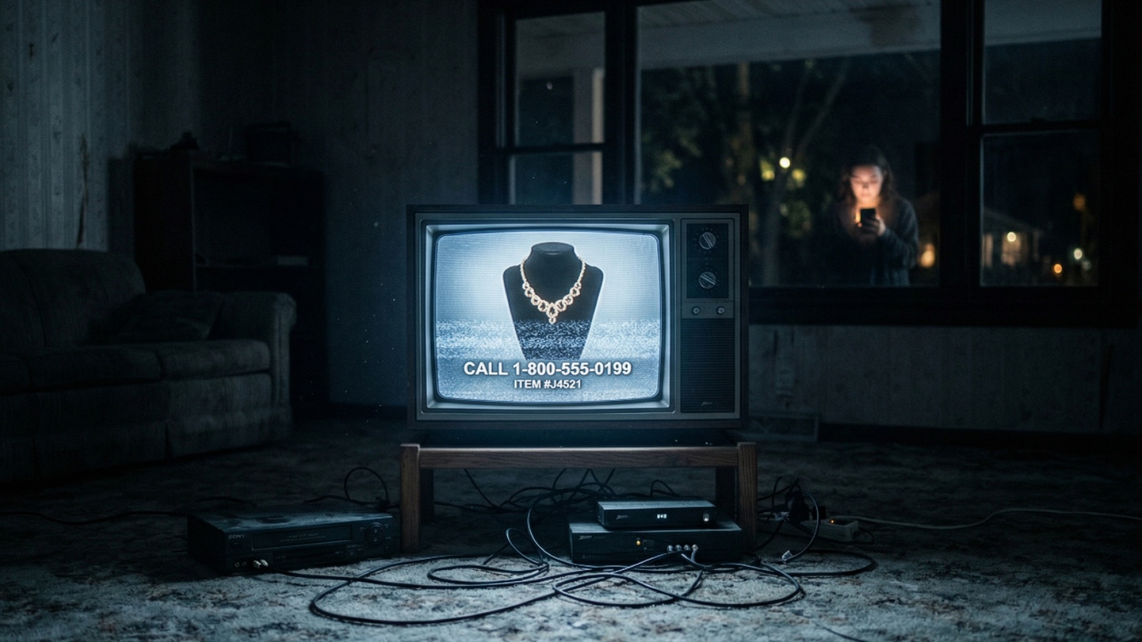 Abandoned living room with old TV showing home shopping jewelry while viewer scrolls smartphone outside