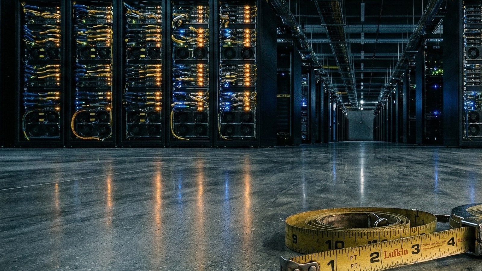 Old measuring tape on data center floor, legacy tools vs modern retail media infrastructure.
