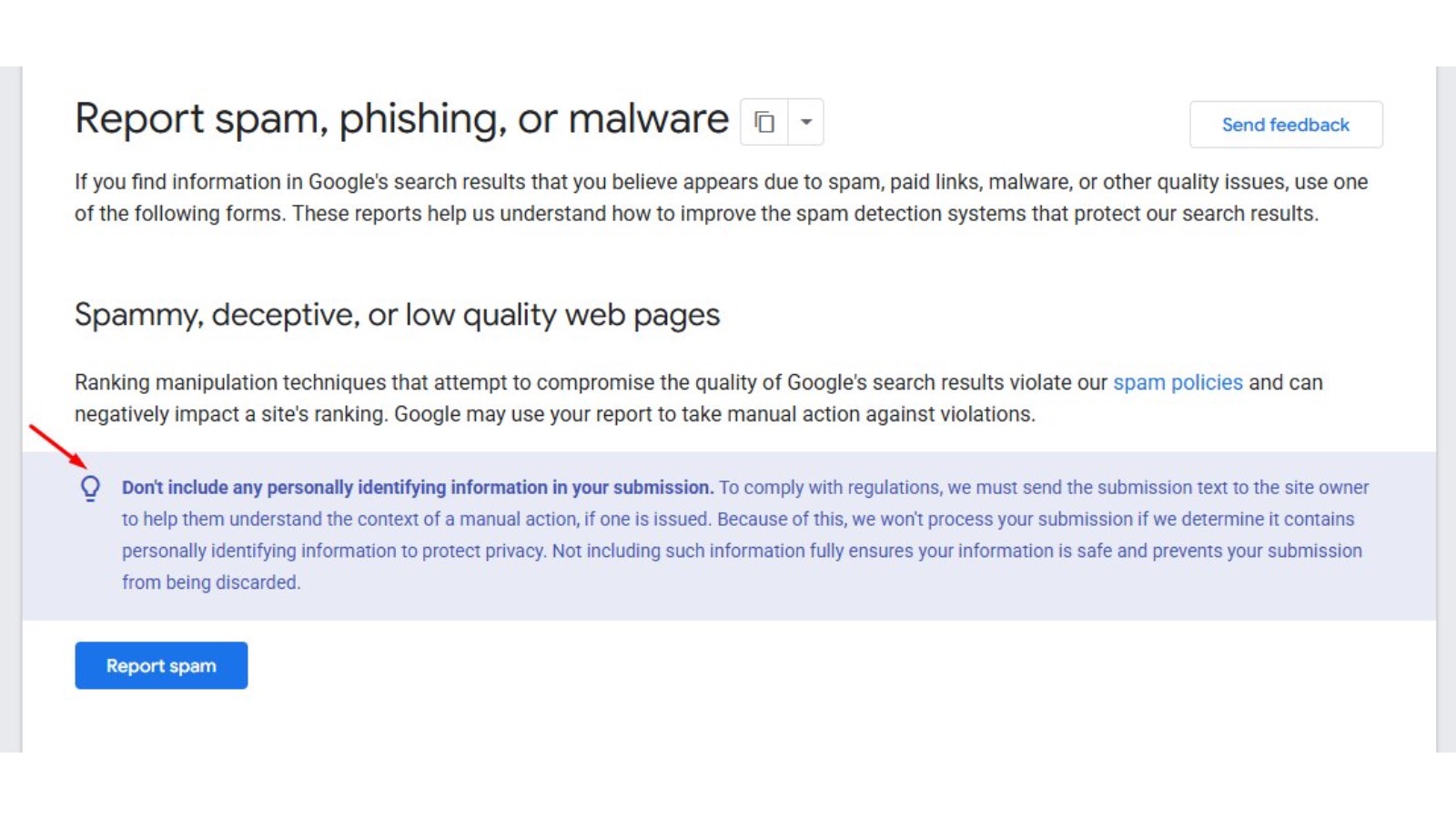 Google reverses spam report policy: no PII submissions processed