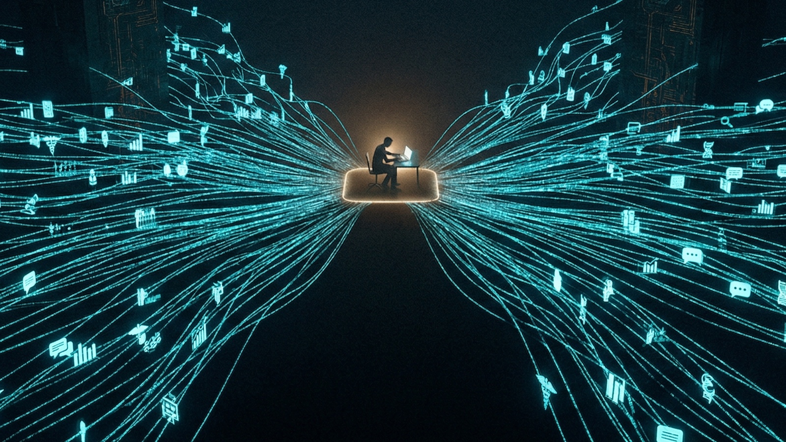 Person at laptop surrounded by data streams flowing to unseen corporate collectors.