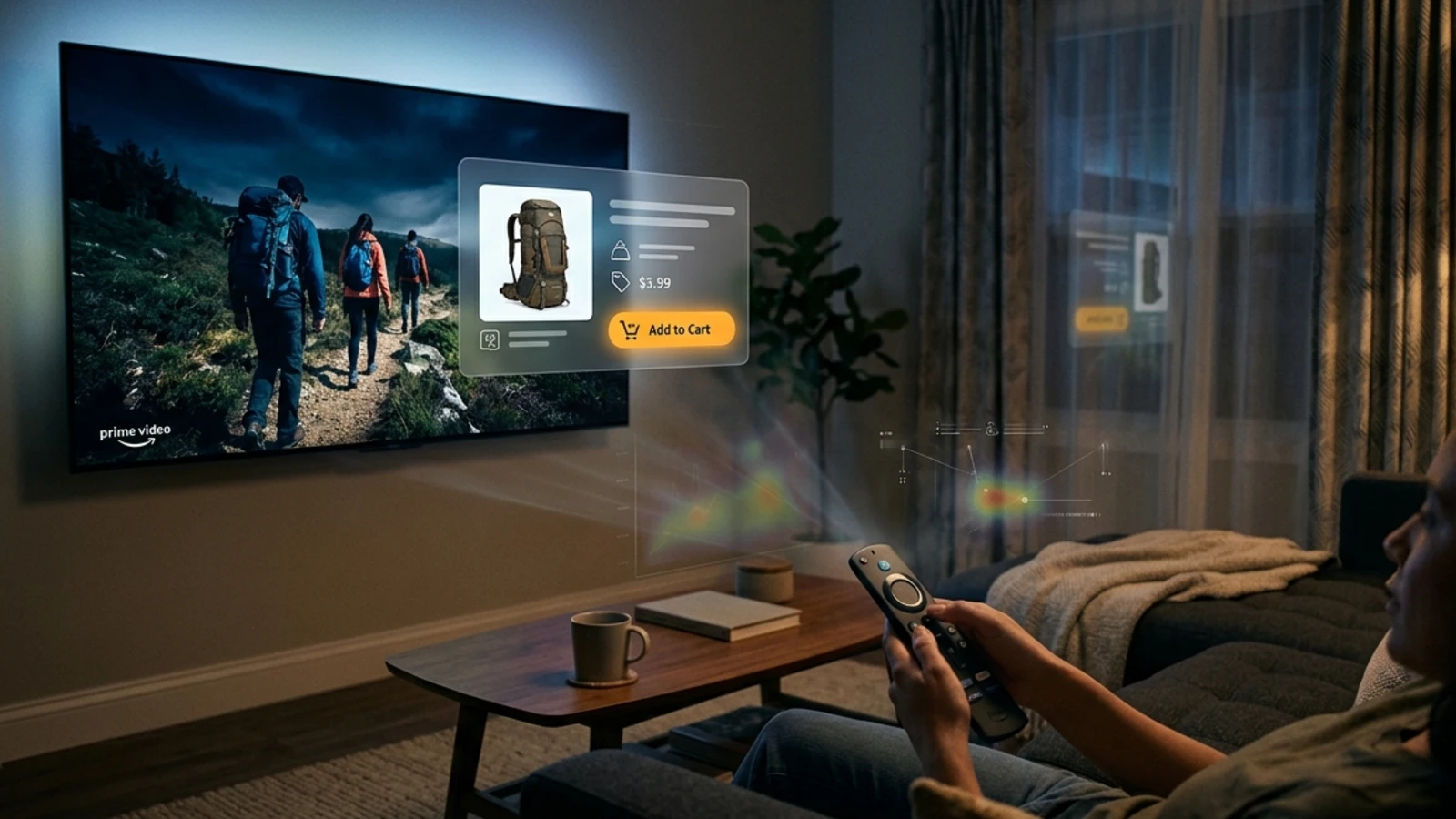 Prime Video interactive video ad with Add to Cart overlay on a living room TV screen.