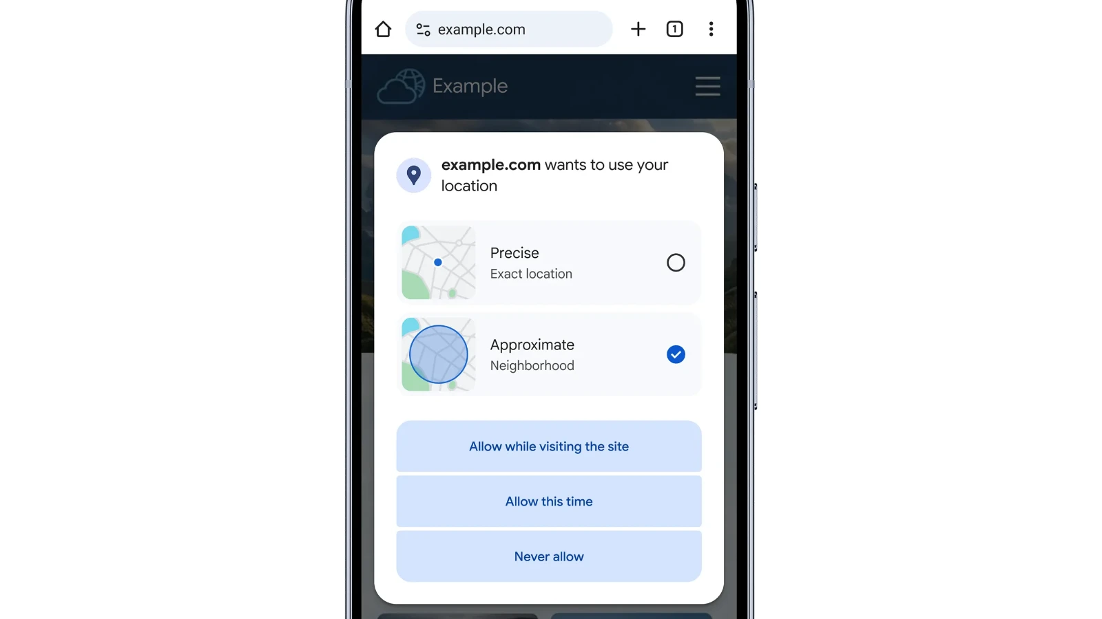 Chrome on Android location permission dialog showing Precise and Approximate options