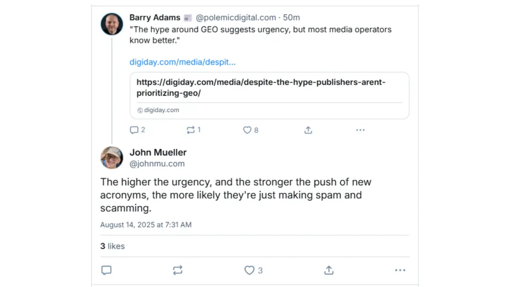 Google's John Mueller warns AI SEO acronyms signal spam tactics