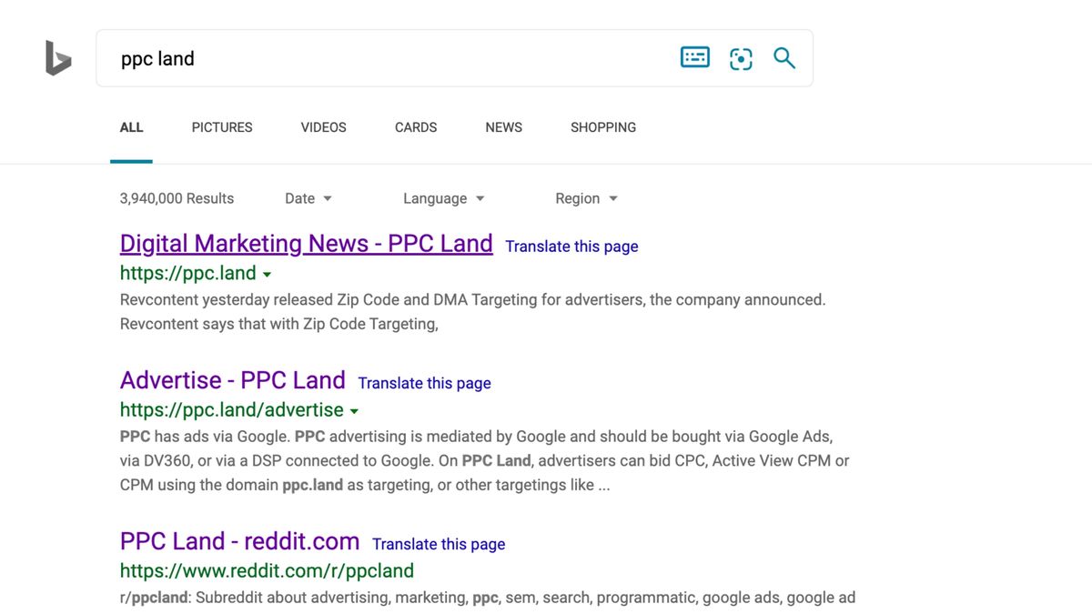 Bing search result pages