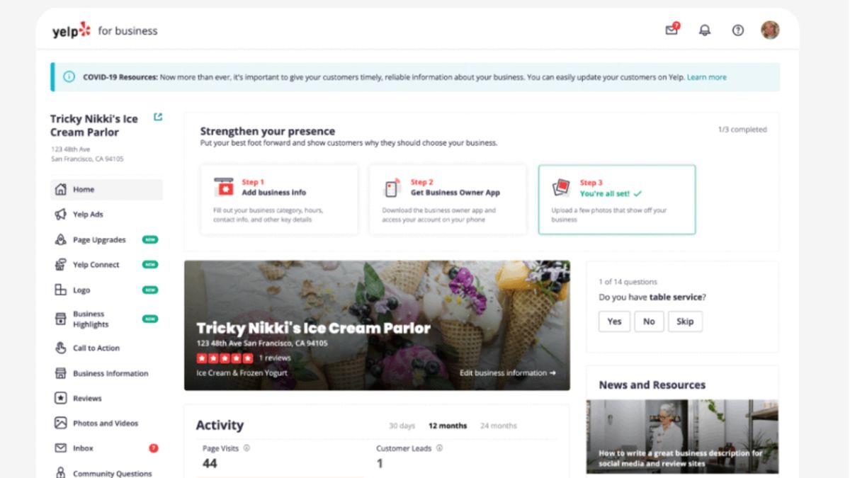 Yelp user interface for business owners