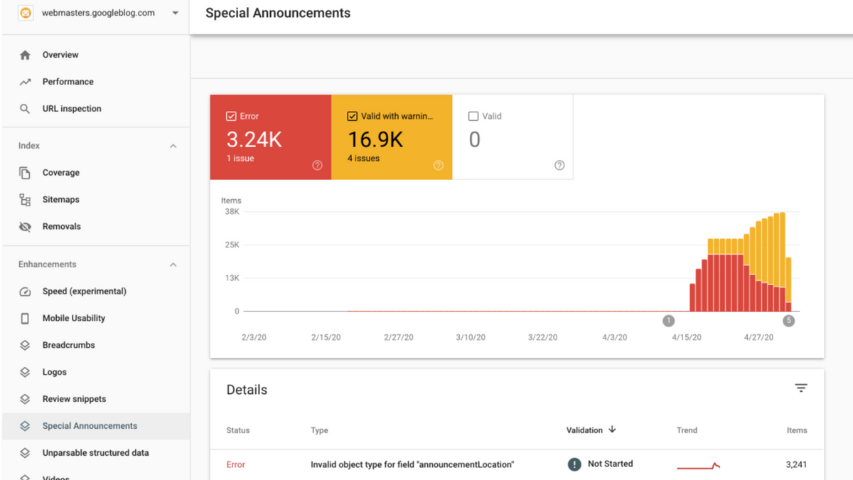 report for Special Announcements in Search Console