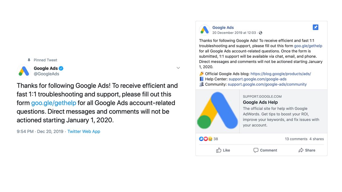 Google Ads ends support via Twitter and Facebook