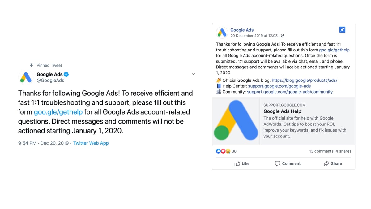 Google Ads ends support via Twitter and Facebook