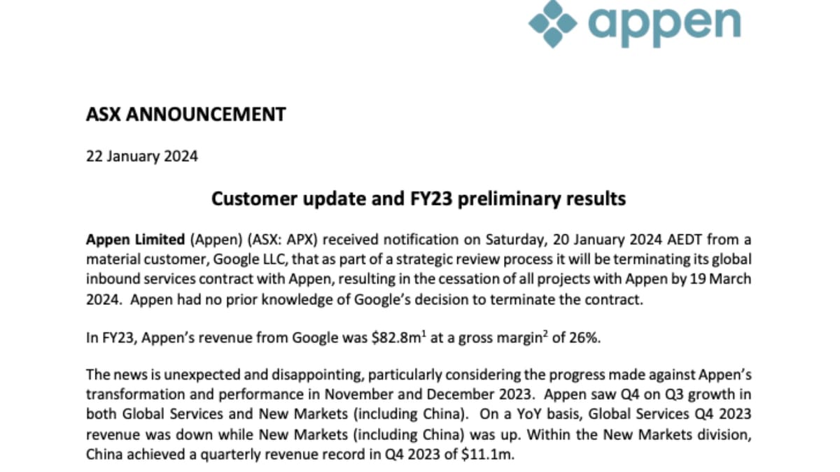 Appen faces $82.8 Million contract termination from Google, impact on search quality raters