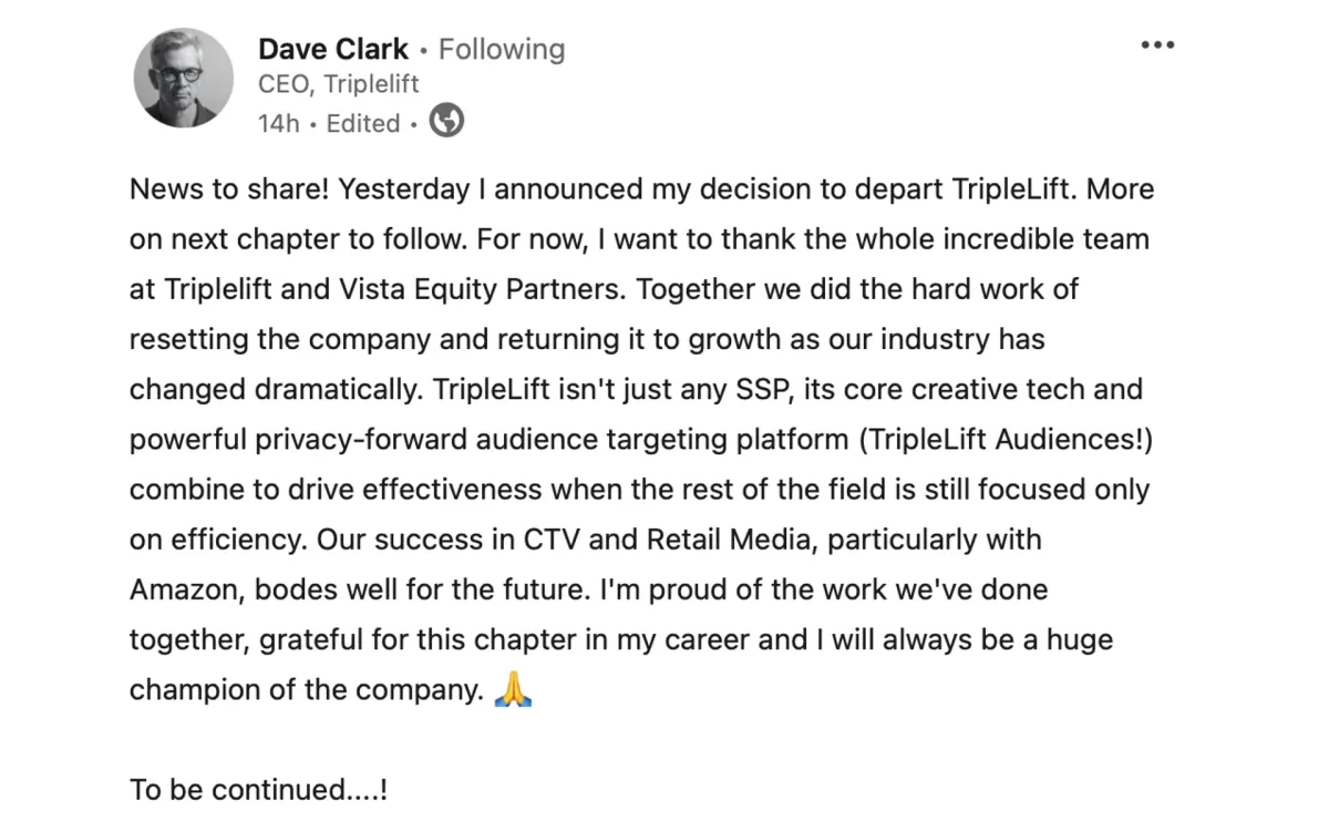 TripleLift leadership changes: Dave Clark steps down as CEO