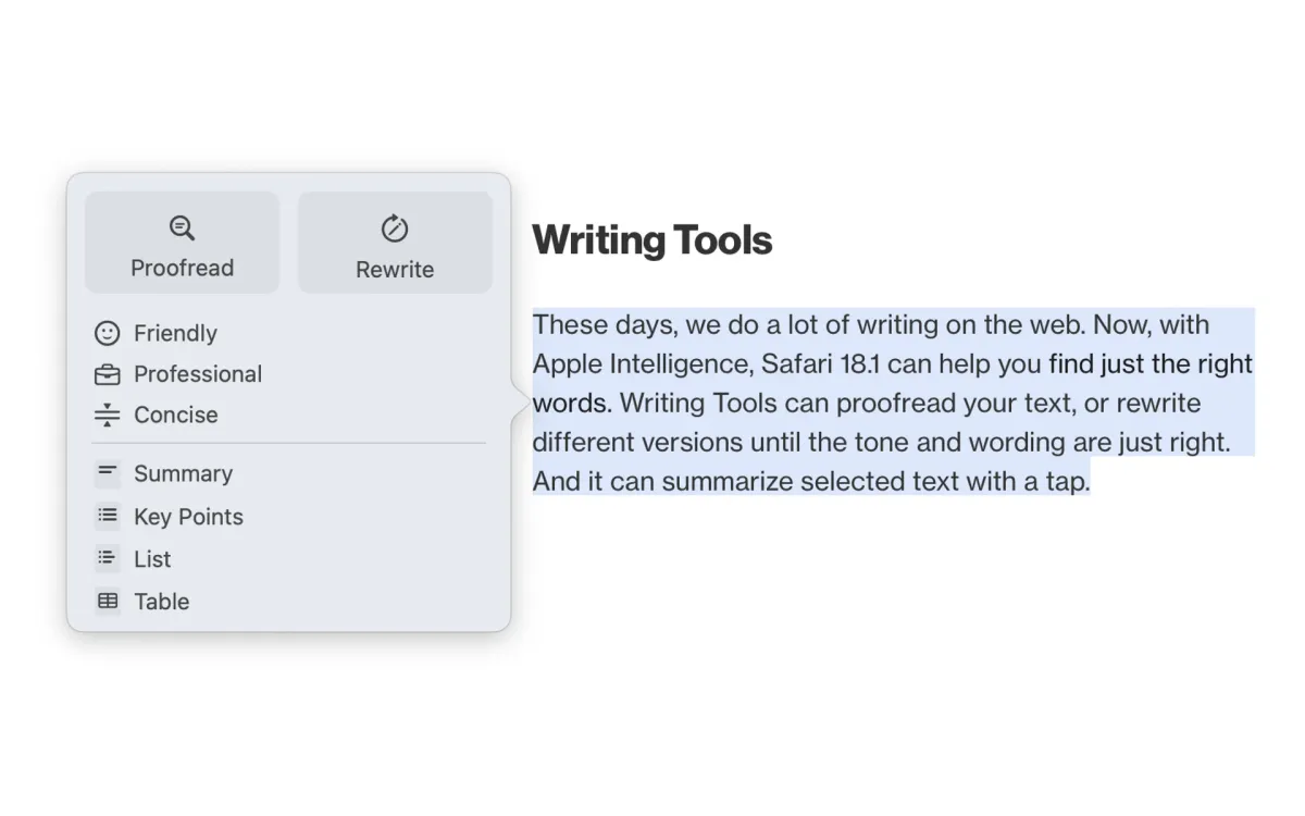 Apple introduces AI-powered Writing Tools in Safari 18.1 and across operating systems