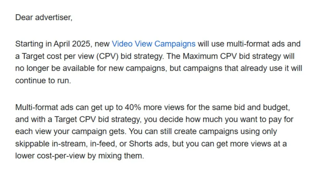 Google to end Maximum CPV for new video campaigns in April