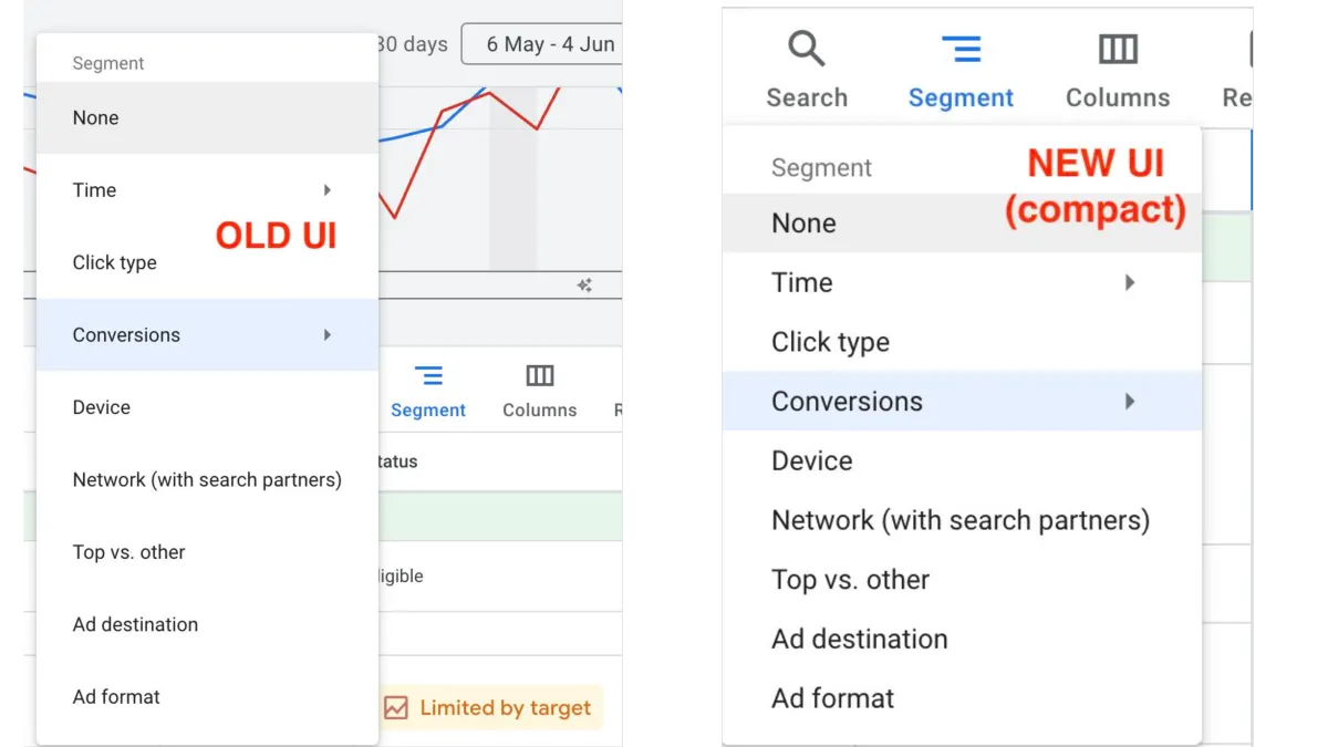 Google Ads tests compact segment dropdown menu in advertiser console