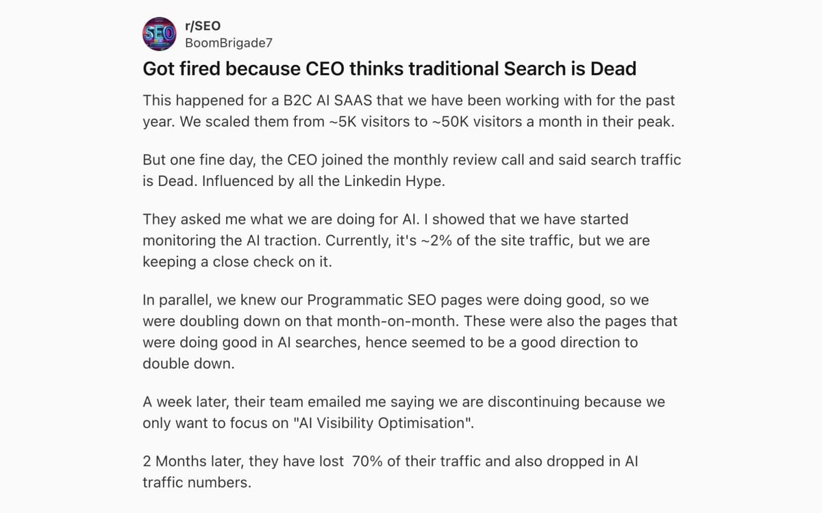 SEO professional fired as CEO bets on AI search, traffic drops 70%